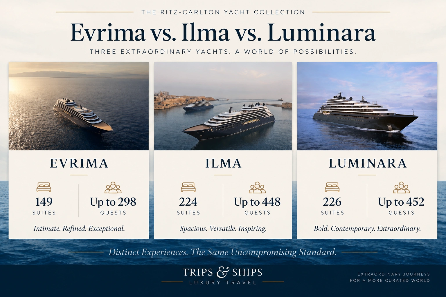 Evrima, Ilma and Luminara comparison showing suite and guest capacities