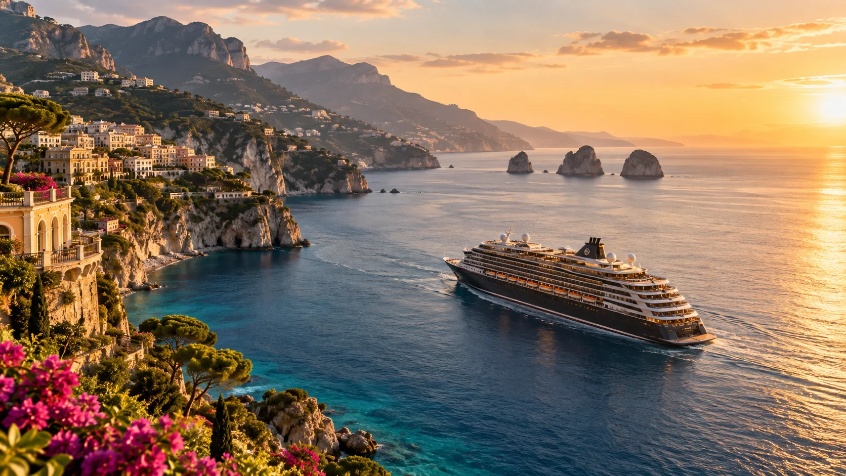 Luxury cruise ship sailing along the Mediterranean coast