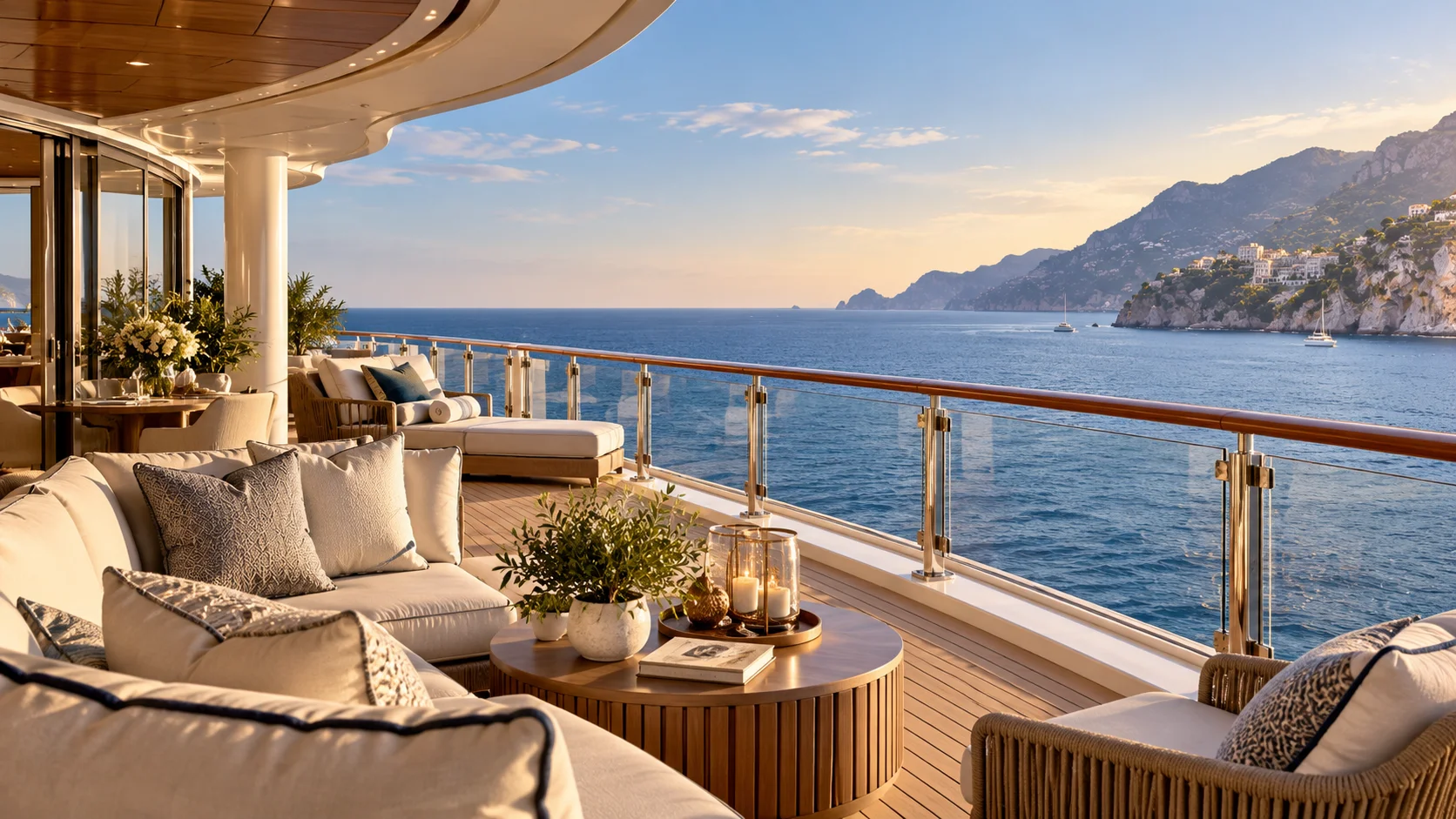 Luxury cruise ship deck with elegant lounge seating and ocean views