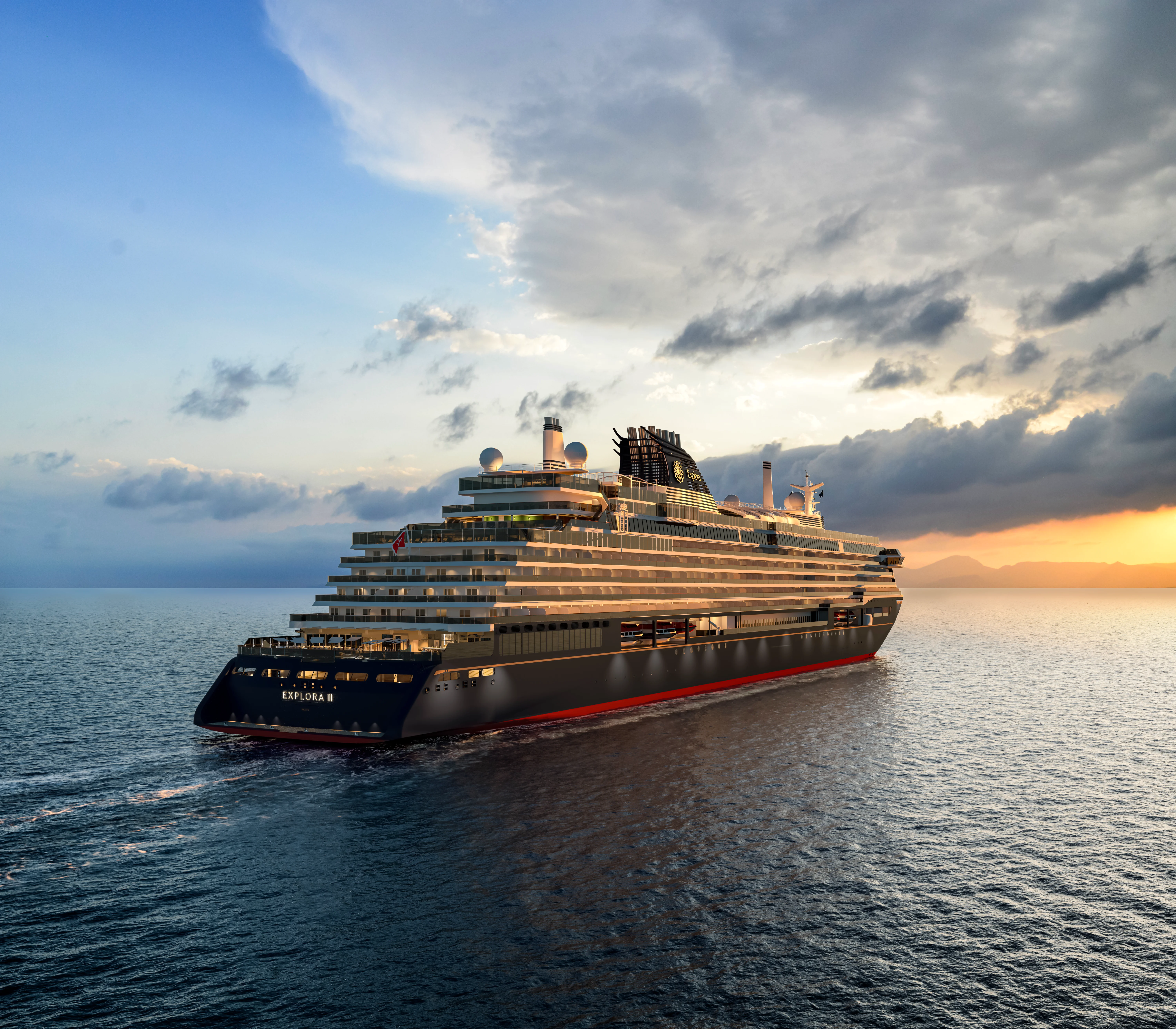 Explora Journeys' Explora III cruise ship sailing at sunset