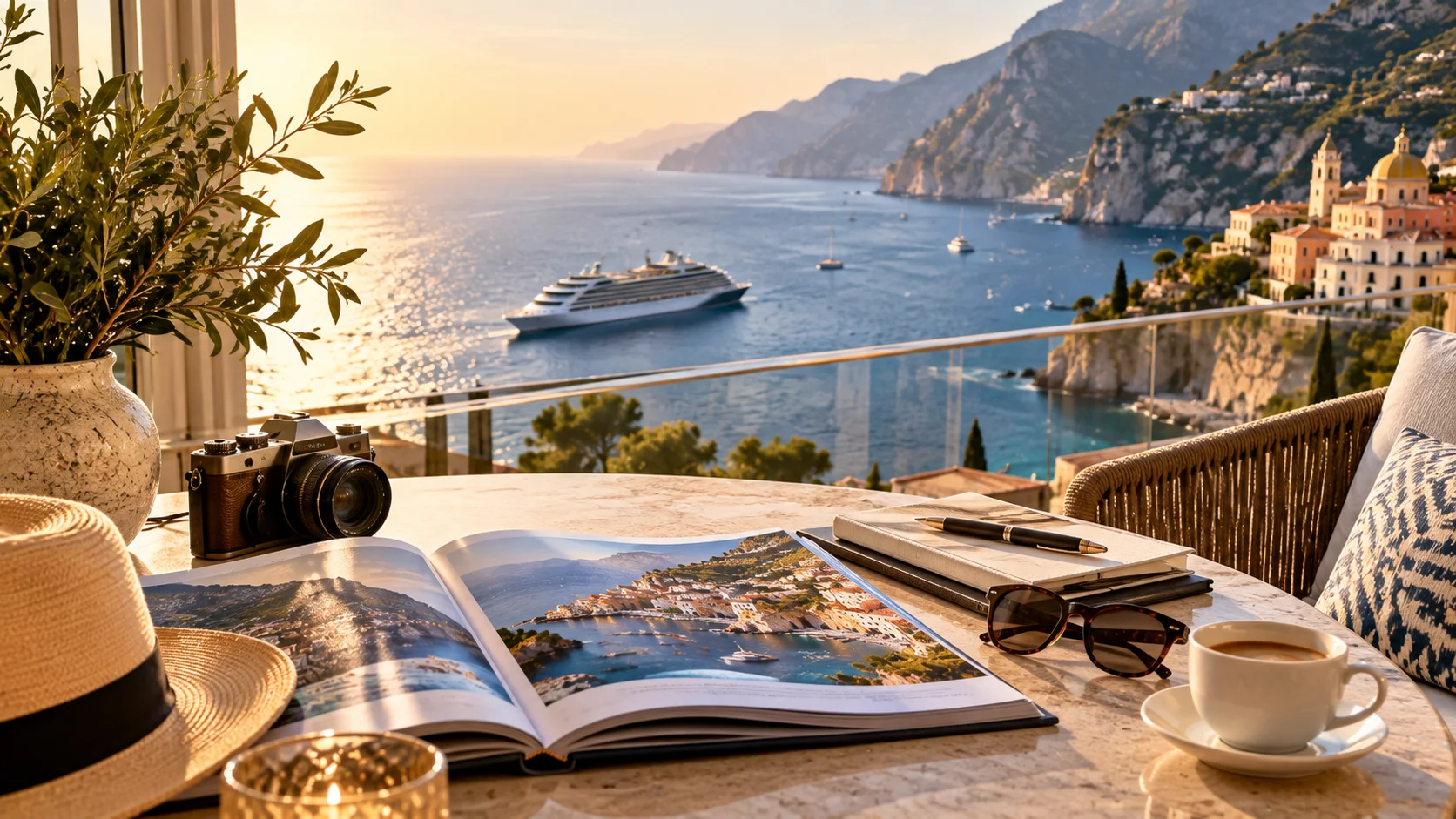 Travel-planning table with a guidebook, camera, and coffee overlooking a coastal bay with a cruise ship anchored near a hillside town