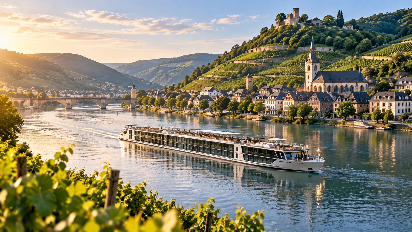 Luxury river cruise ship sailing through a scenic European wine region