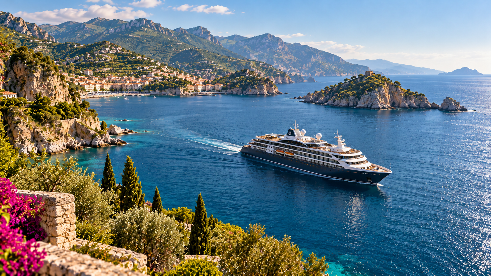 Small luxury cruise ship sailing along a scenic Mediterranean coastline