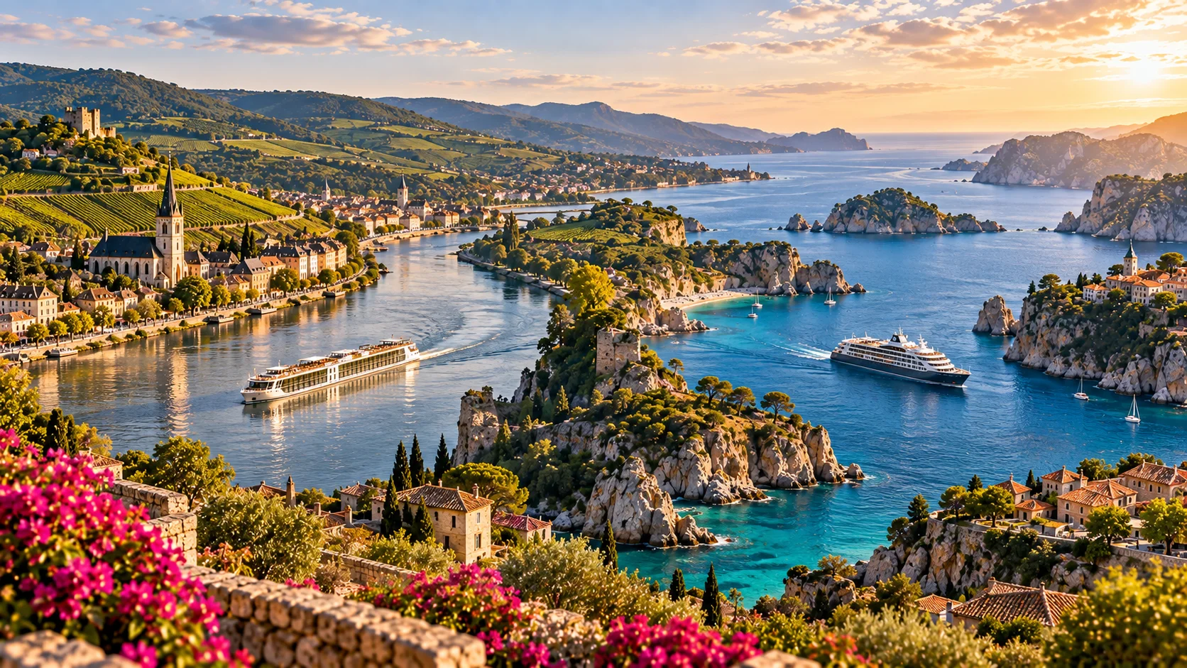 European river landscape and Mediterranean coastline illustrating river and small-ship cruise destinations