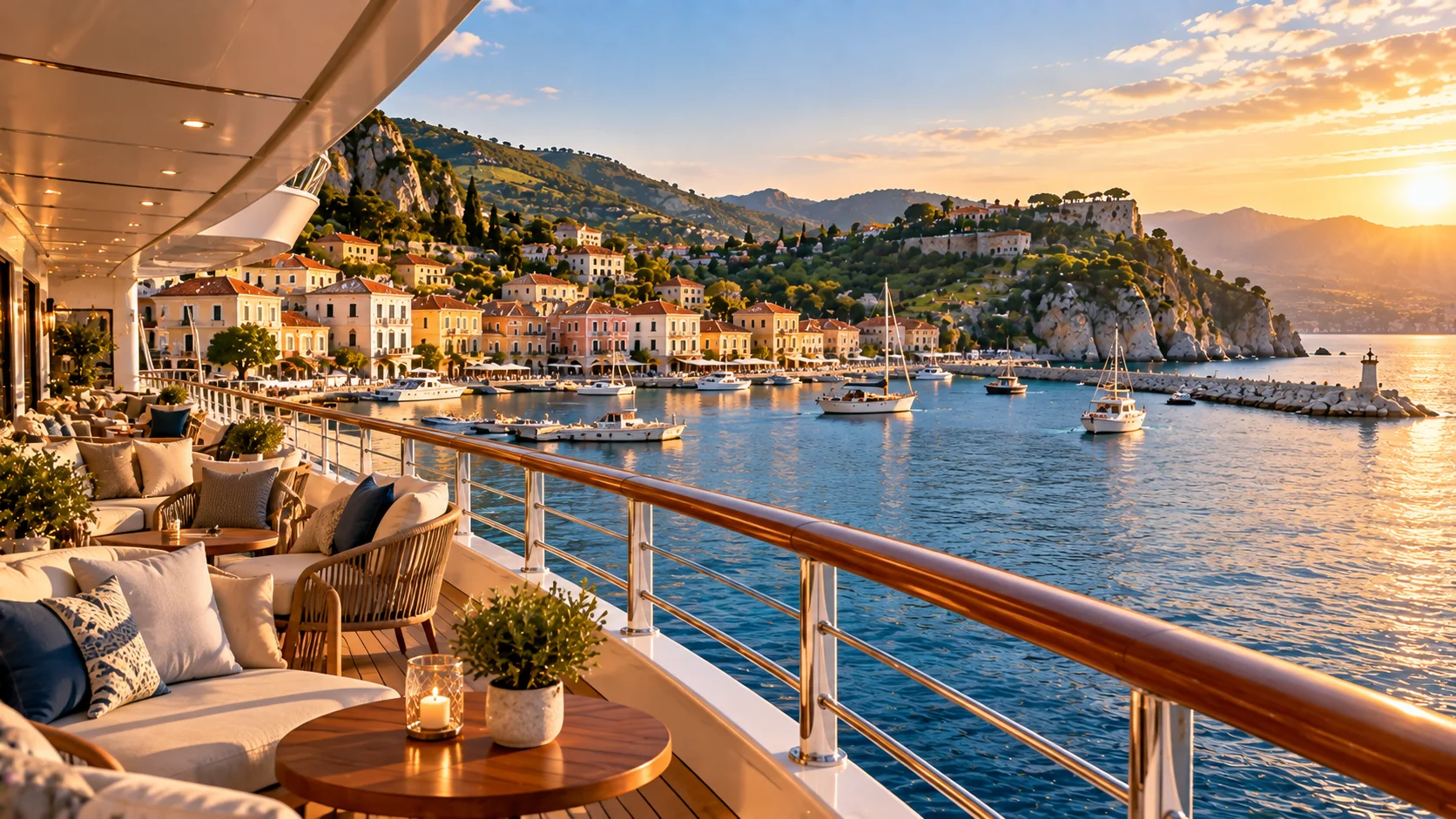 Luxury small ship cruise deck overlooking a scenic coastal harbor