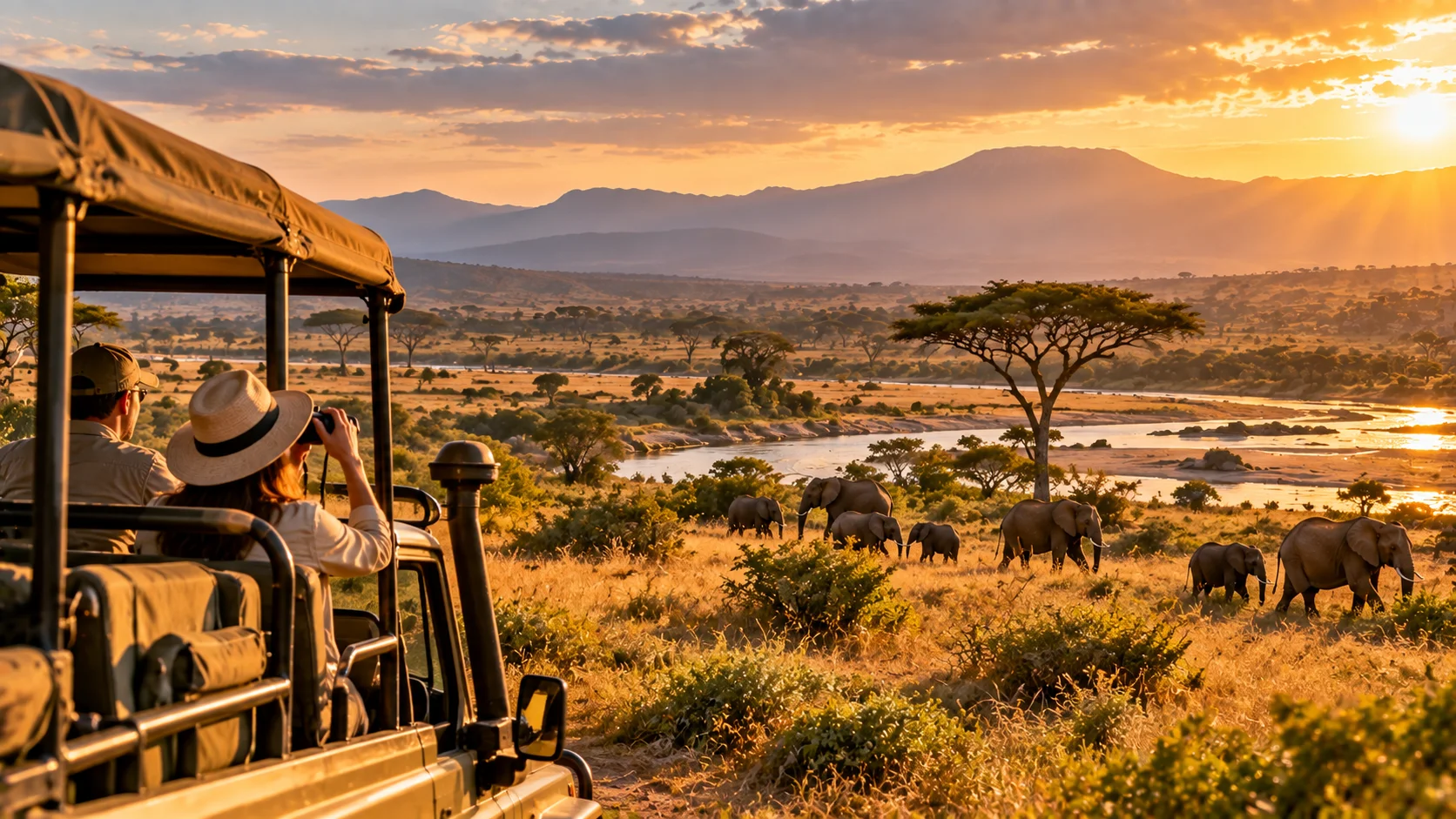 Safari vehicle observing wildlife in an African landscape