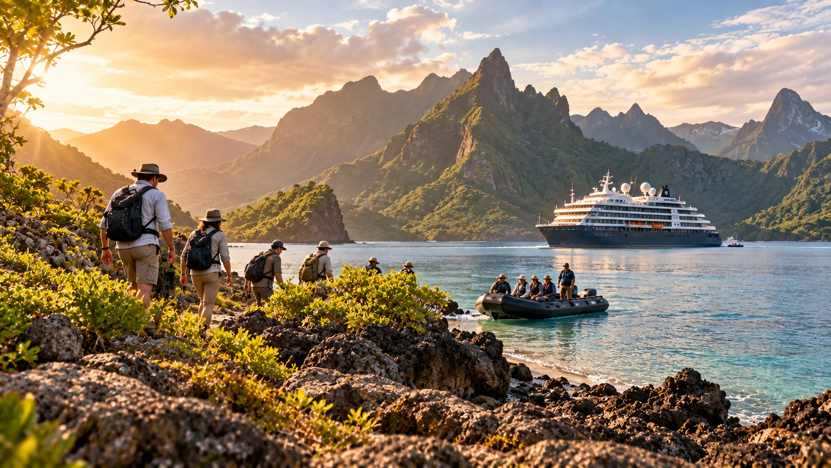 Expedition cruise ship exploring a remote natural destination