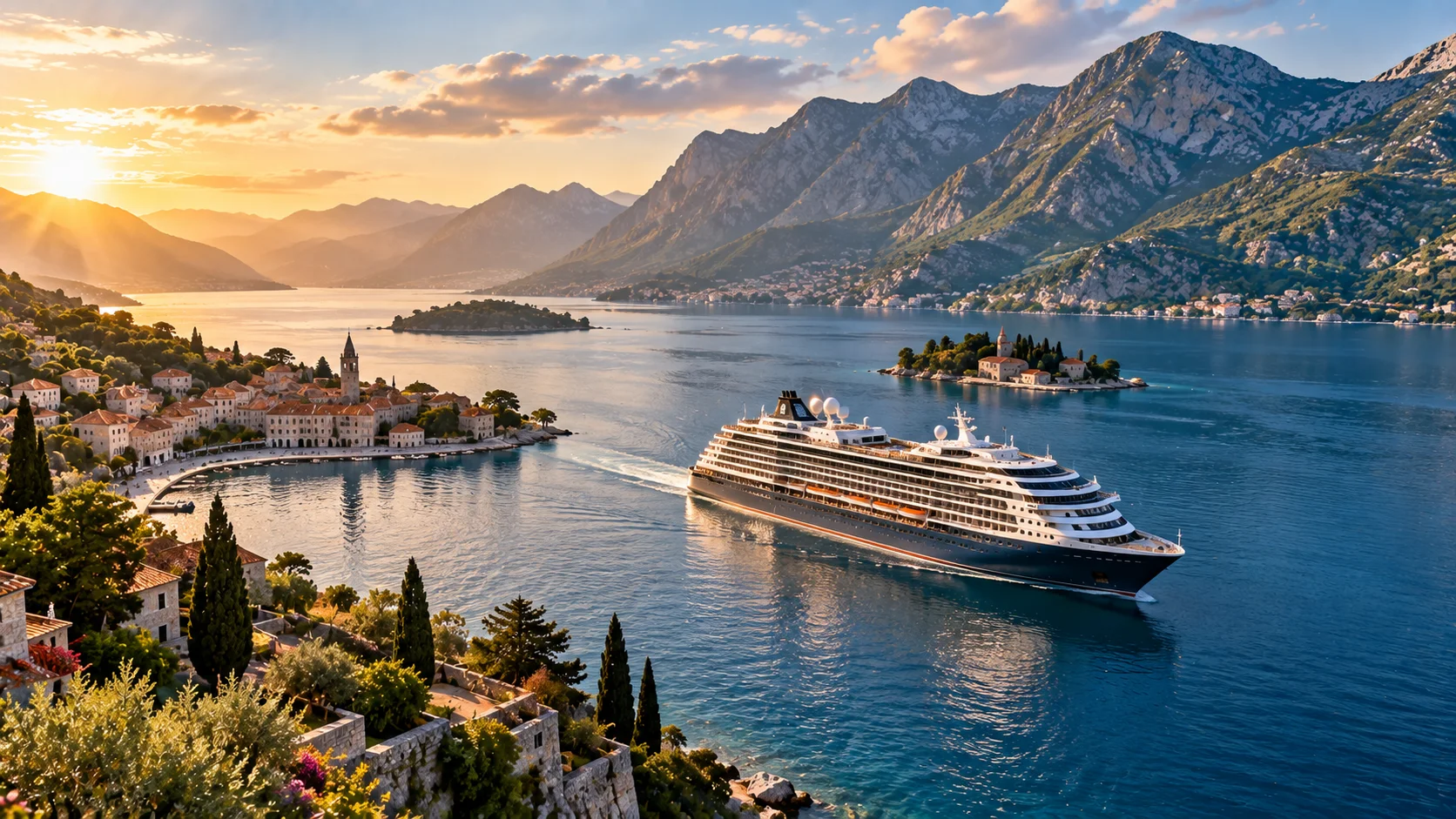 Luxury cruise ship sailing near a scenic destination