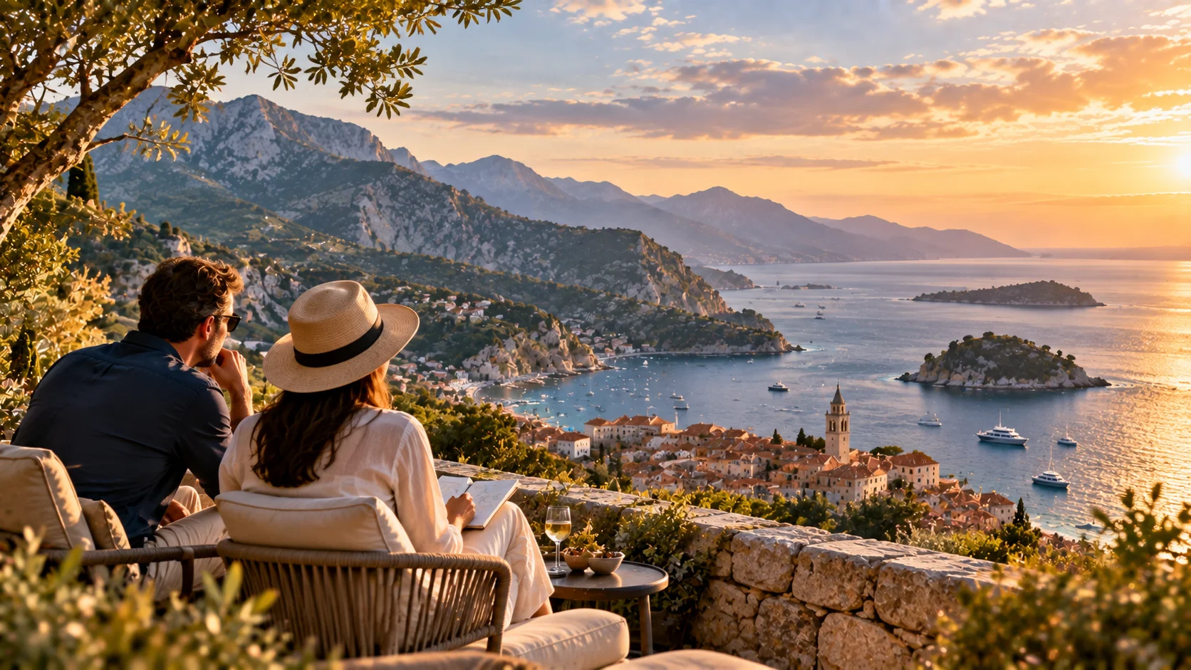 Travelers overlooking a scenic destination while planning a luxury journey