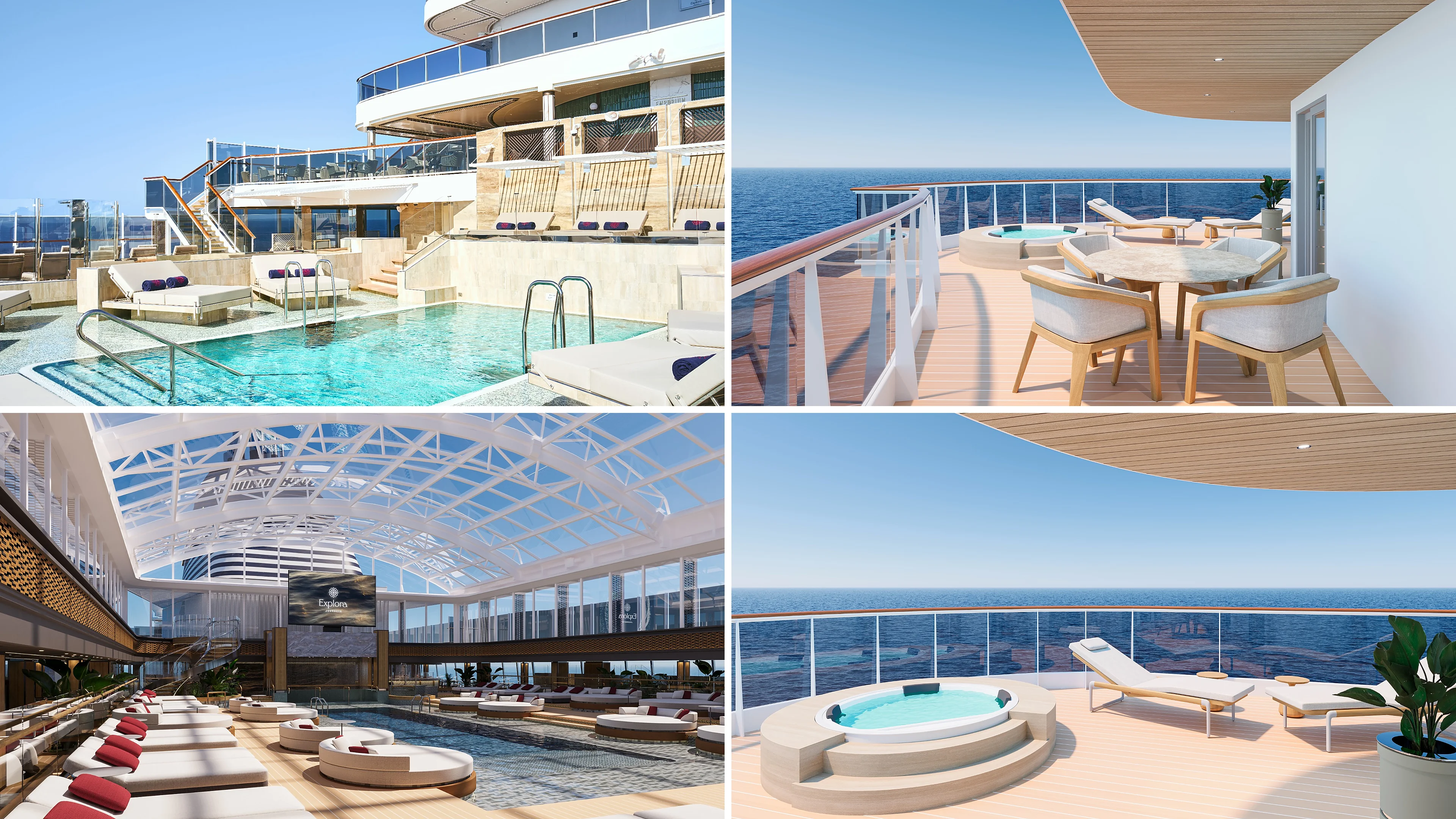 Luxury pools and outdoor spaces aboard EXPLORA III and EXPLORA I