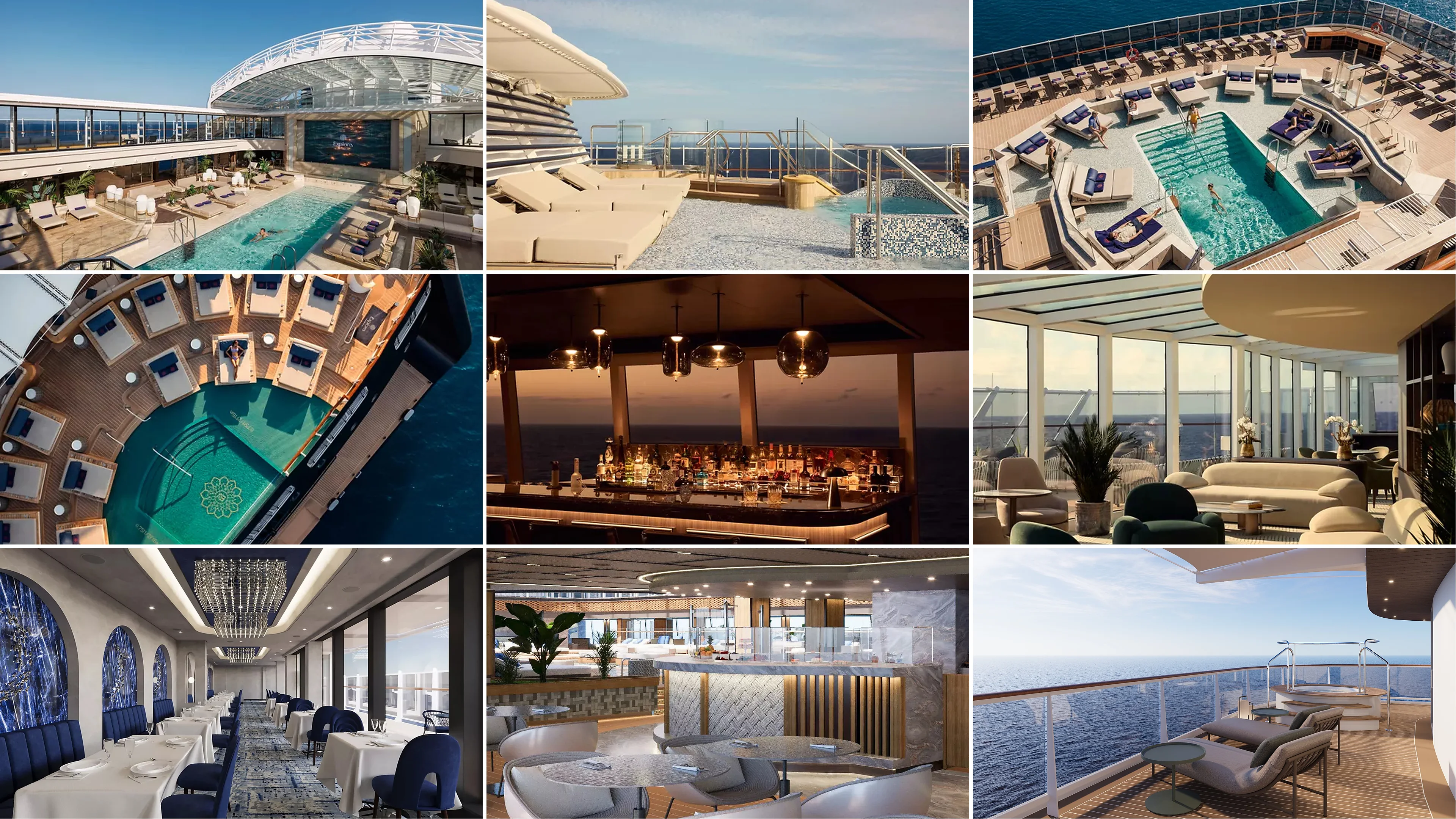 EXPLORA III luxury cruise pools, lounges, dining venues and private outdoor spaces