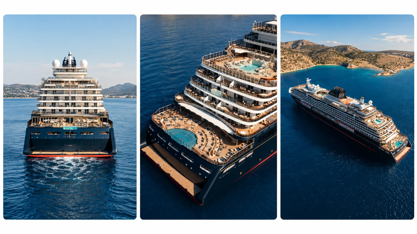 Three generations of contemporary luxury ocean ships sailing at sea