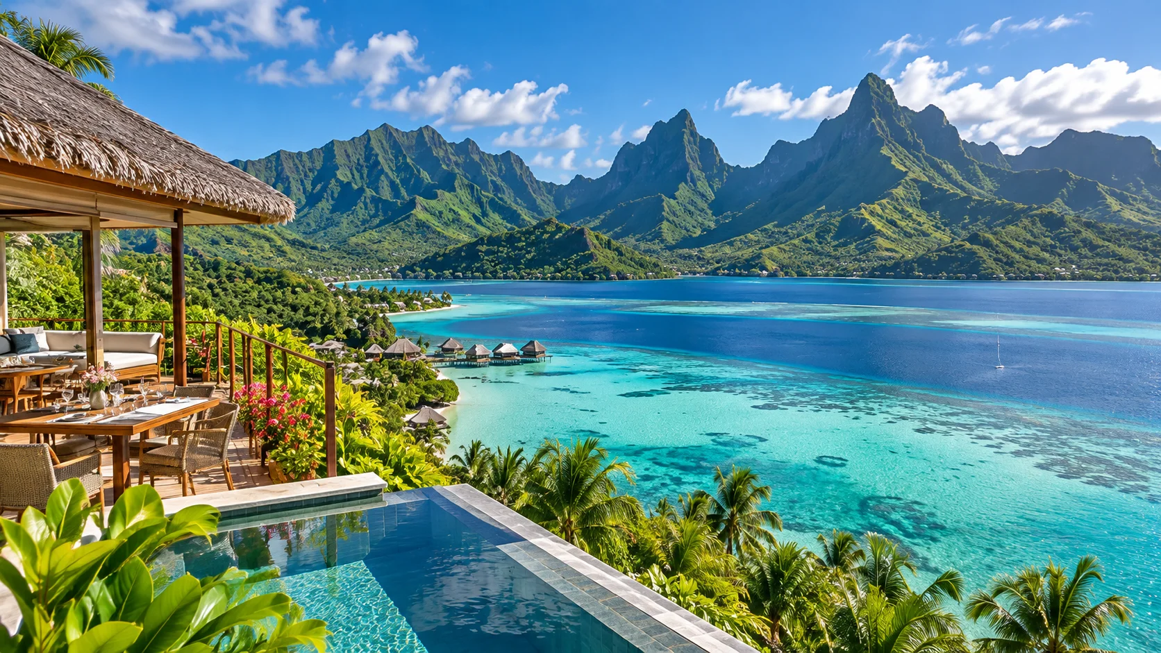 Moorea lagoon and lush volcanic mountains in French Polynesia
