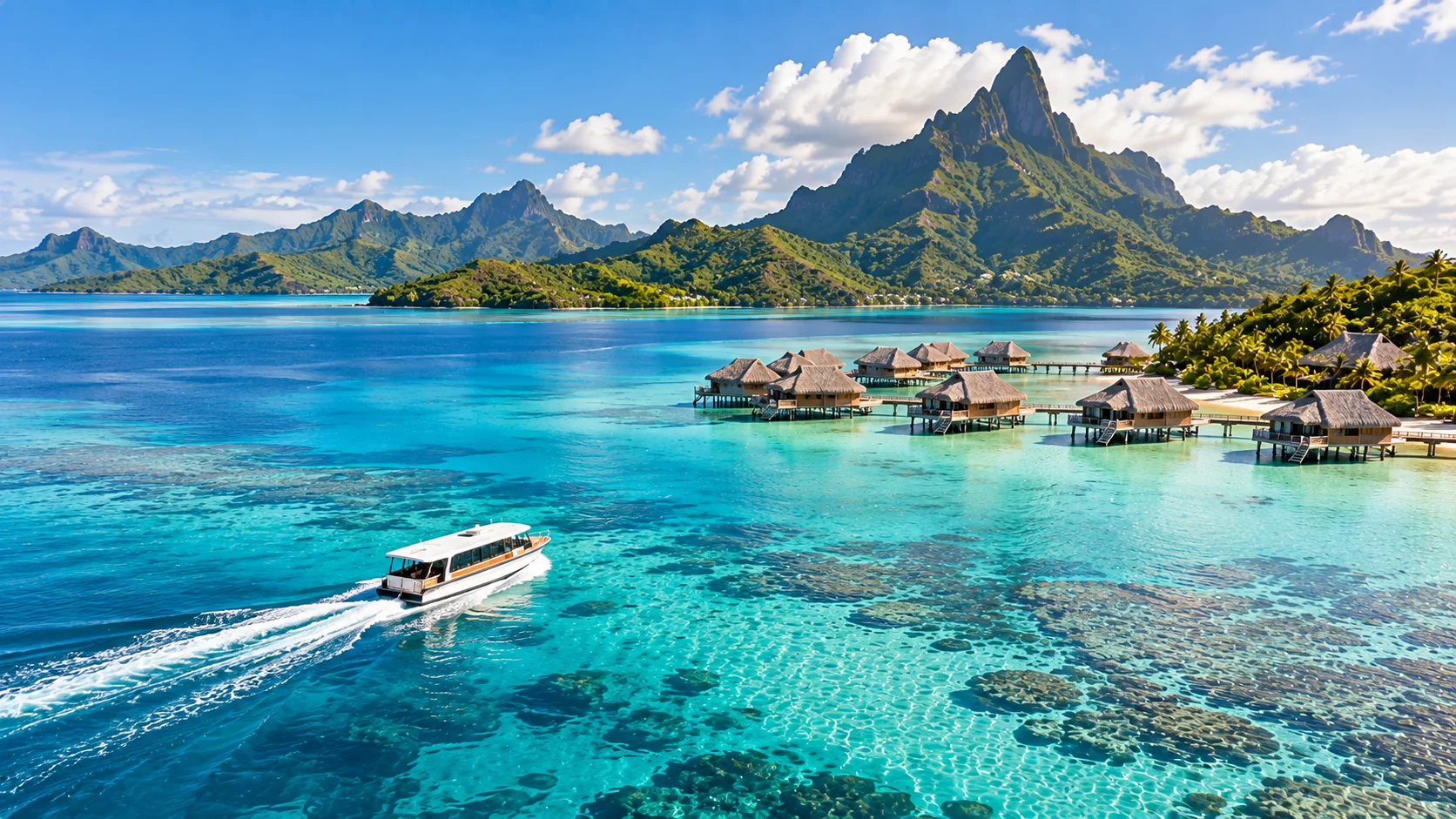 Turquoise lagoon and volcanic islands in French Polynesia