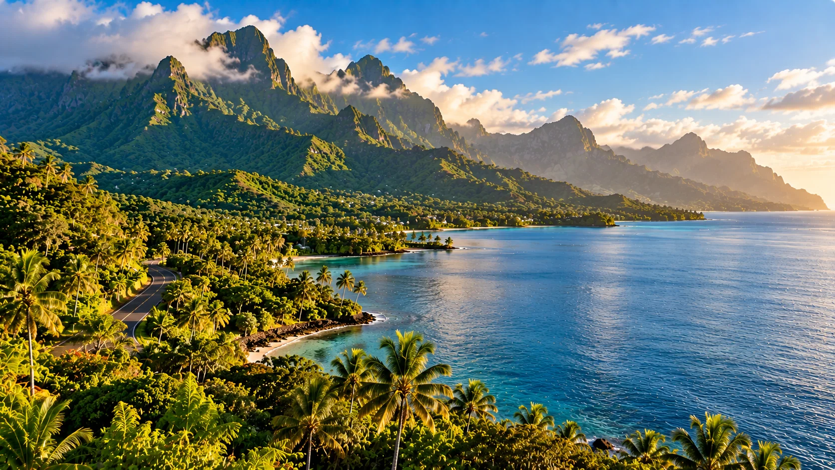 Lush volcanic mountains and tropical coastline in Tahiti