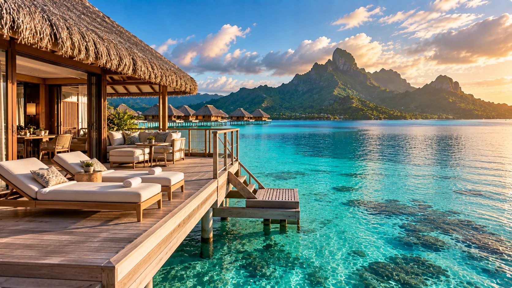 Overwater bungalow and turquoise lagoon in Bora Bora