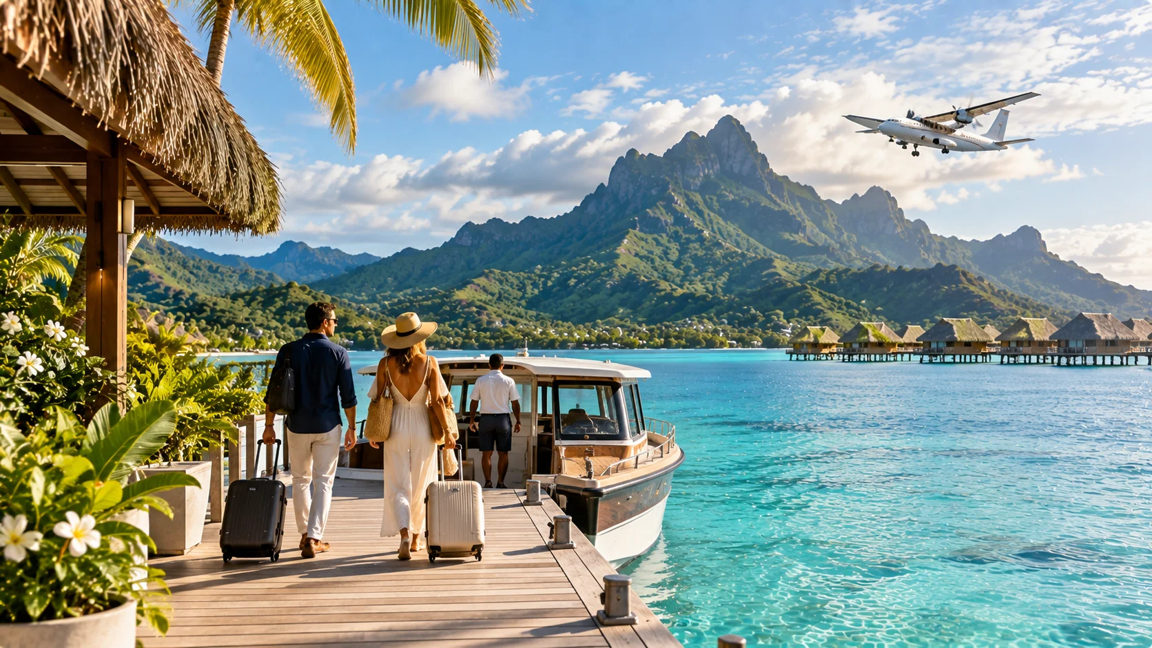 Travelers transferring by boat between islands during a luxury French Polynesia vacation