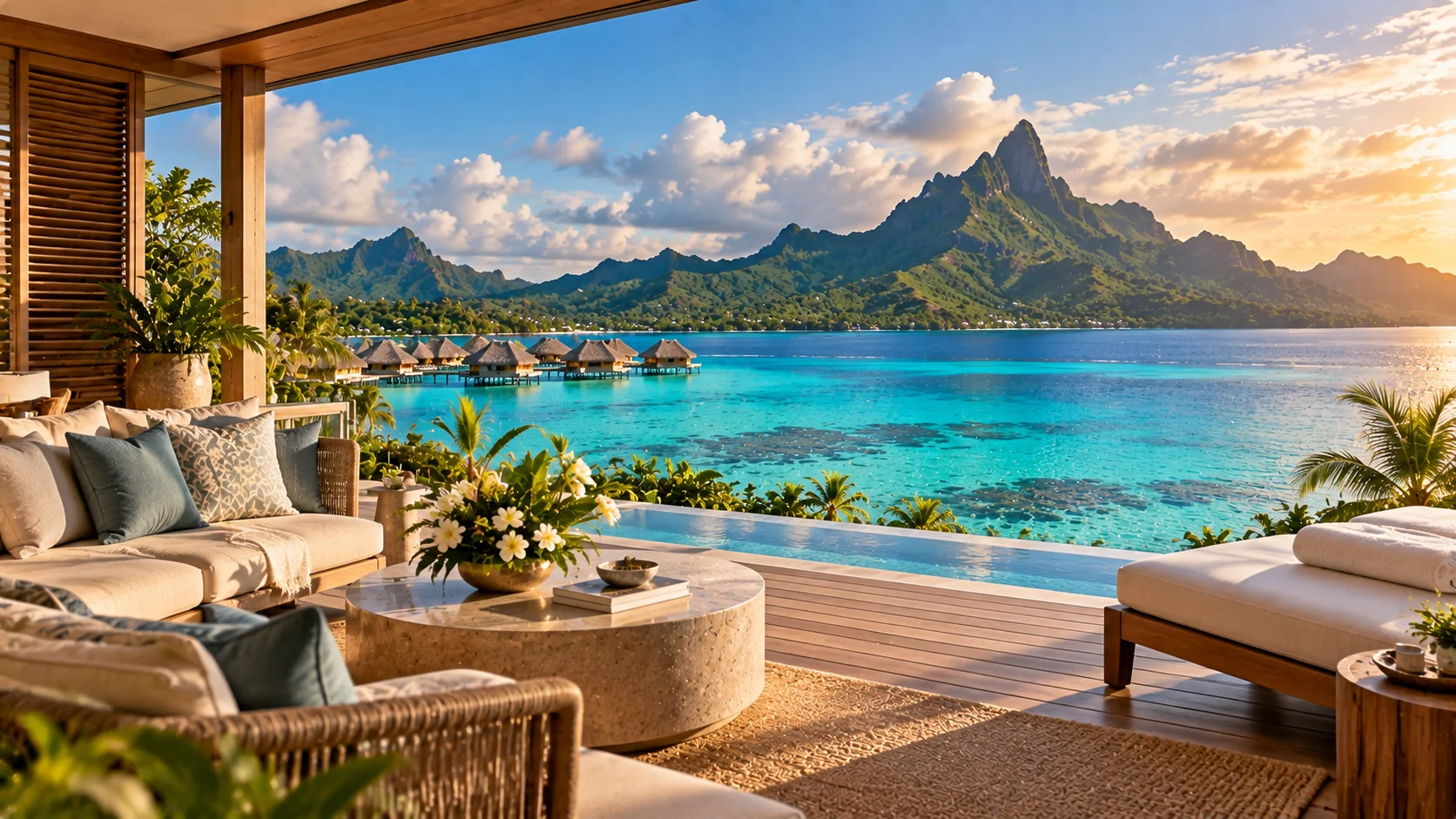 Luxury French Polynesia vacation with turquoise lagoon, overwater bungalows and volcanic island scenery