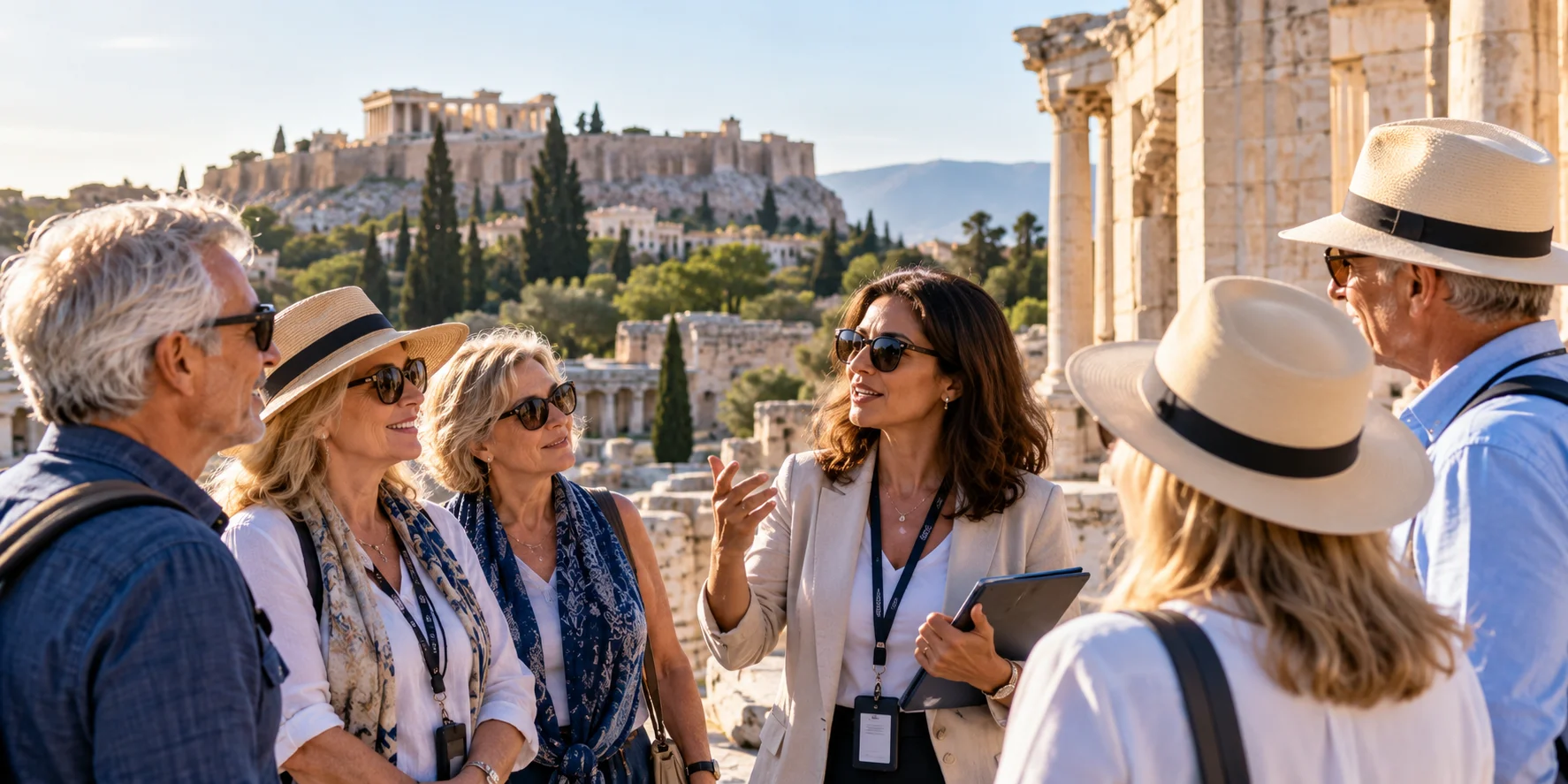 Mature alumni travelers exploring a cultural destination with a local guide