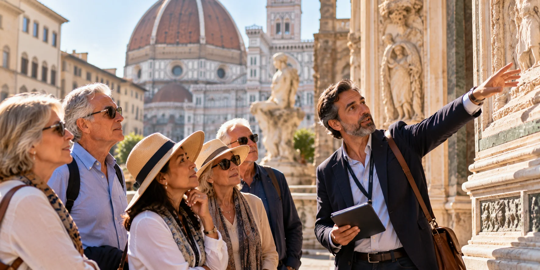 University alumni travelers learning from an expert guide at a historic cultural site