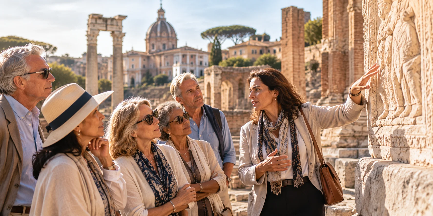 Mature alumni travelers learning from an expert guide at a historic cultural site