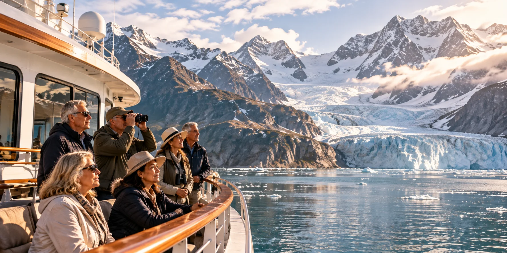 Mature alumni travelers exploring a glacier landscape aboard a luxury small ship
