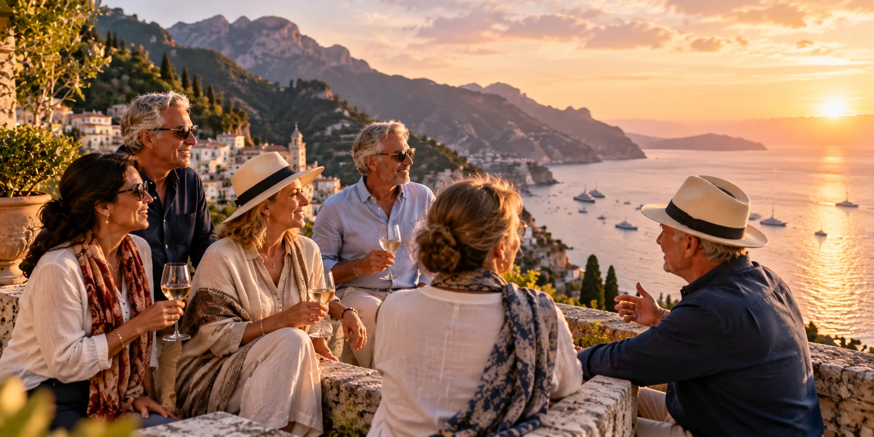 Mature travelers sharing a memorable group travel experience at a scenic coastal destination