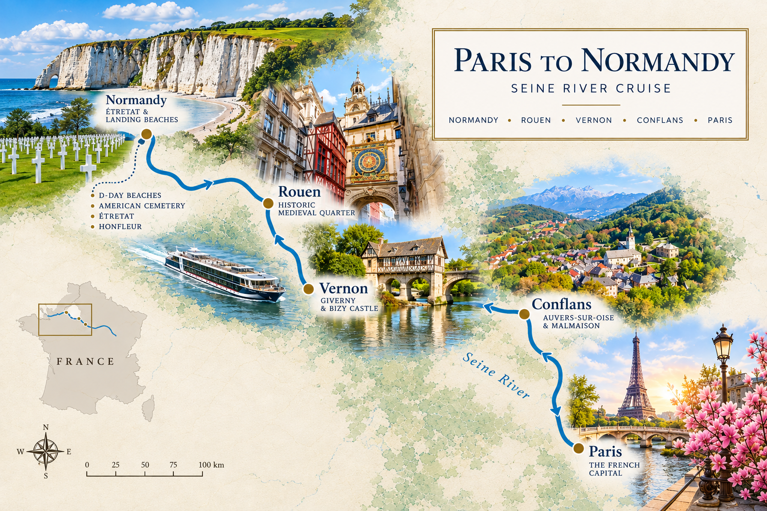 Paris to Normandy Seine River cruise route map