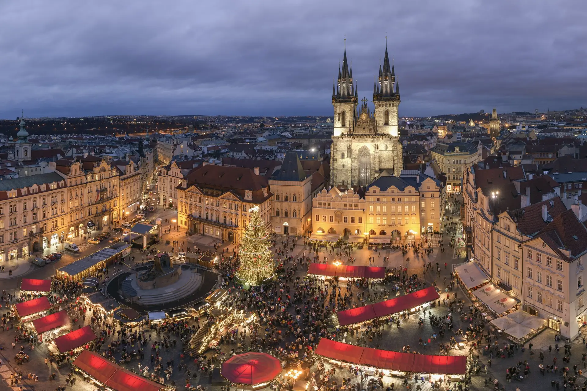 Festive European Christmas market with seasonal decorations and holiday lights