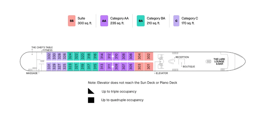 AmaVenita Violin Deck plan showing stateroom locations and deck layout