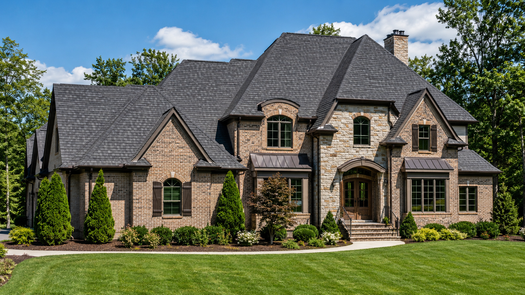 Aerial view of a newly installed architectural asphalt shingle roof on a brick home near Lake Norman