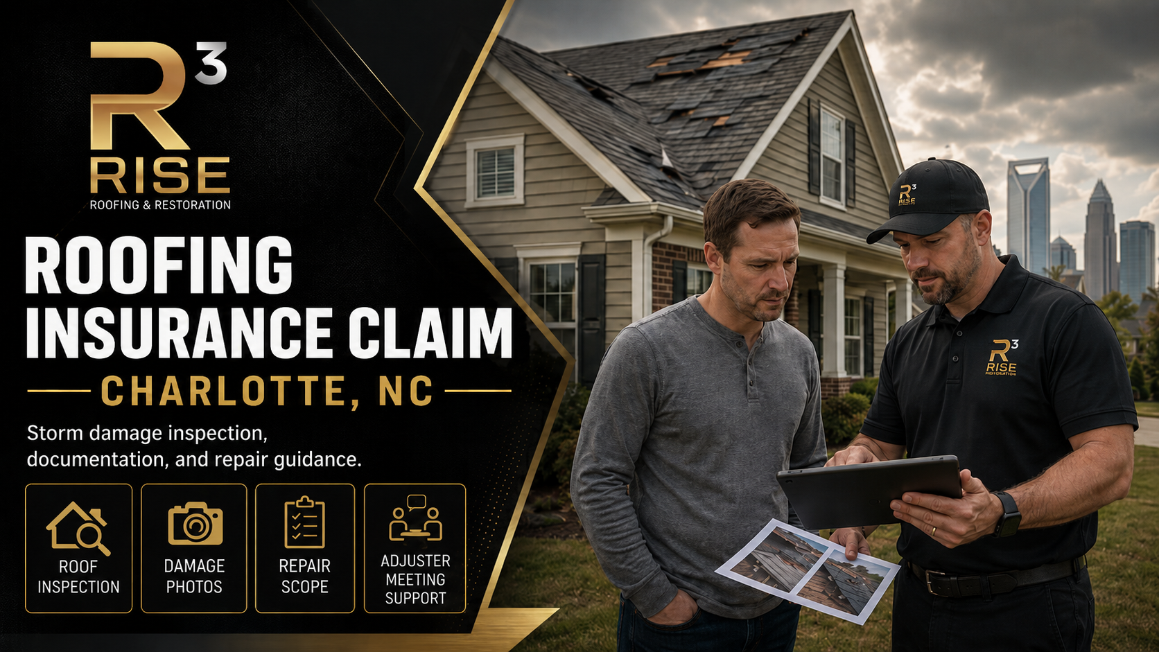 RISE Roofing representative documenting storm damage and reviewing roof inspection findings with a homeowner after severe weather