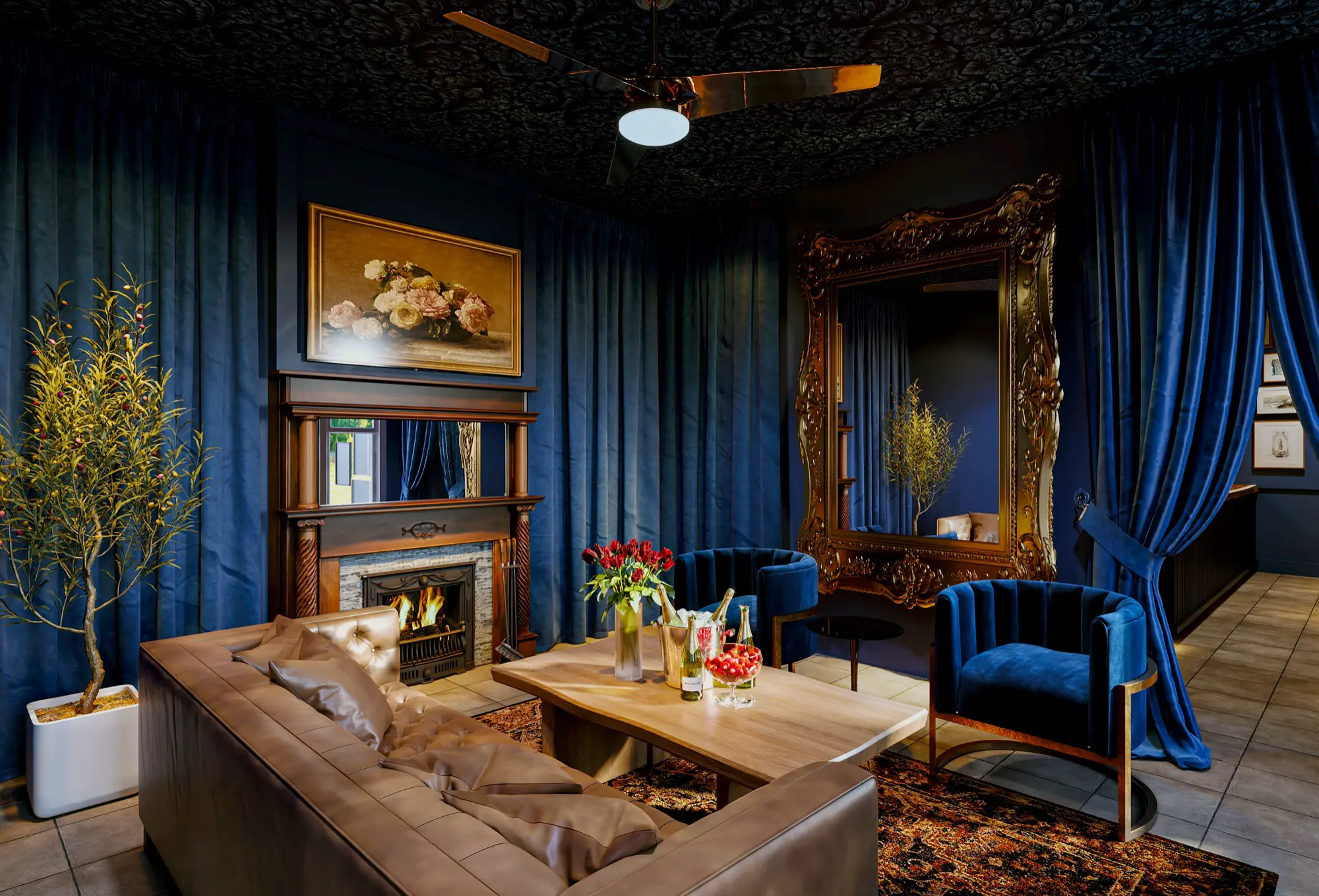 The fireplace lounge, wrapped in navy velvet drapes