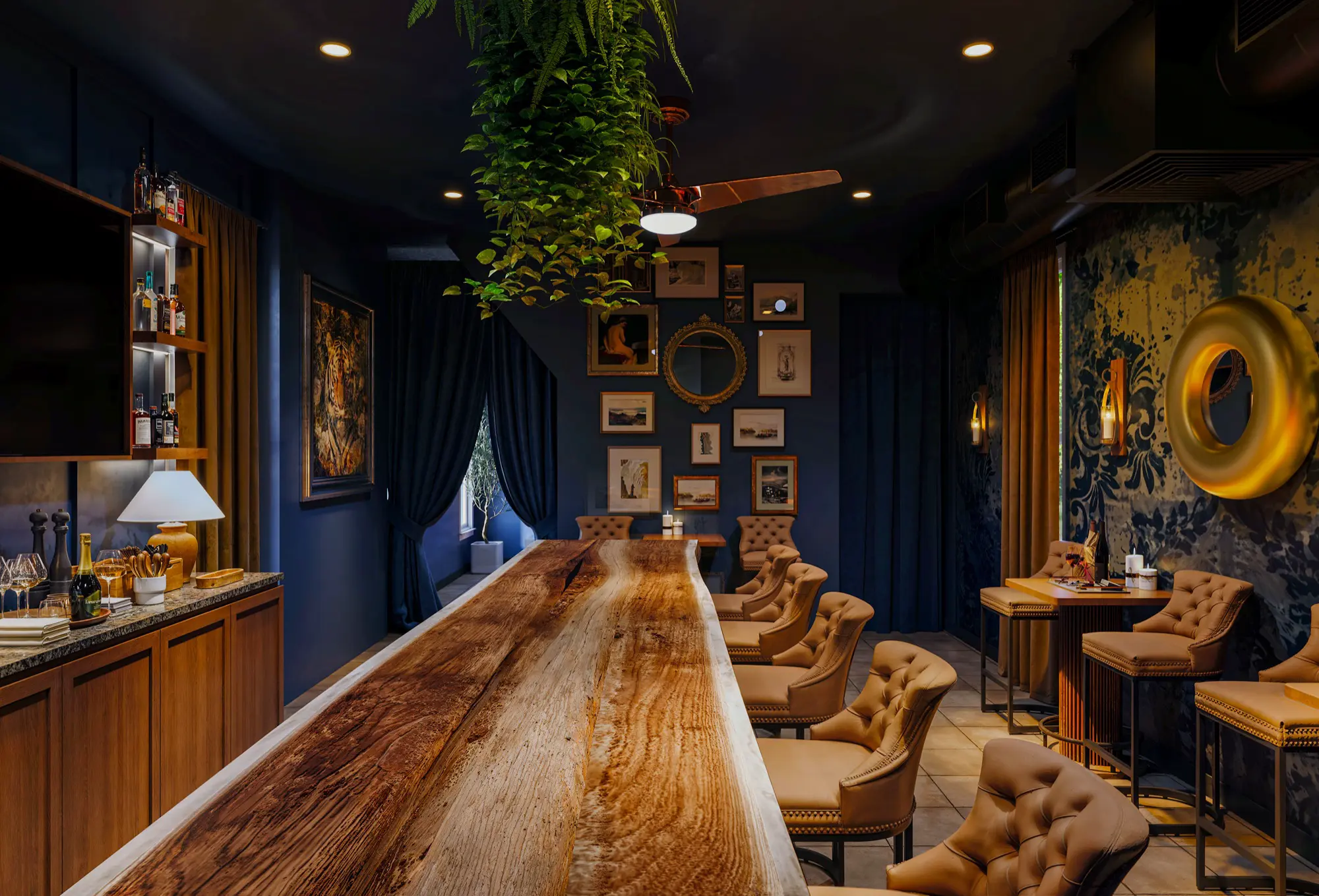 The long live-edge bar under hanging ferns
