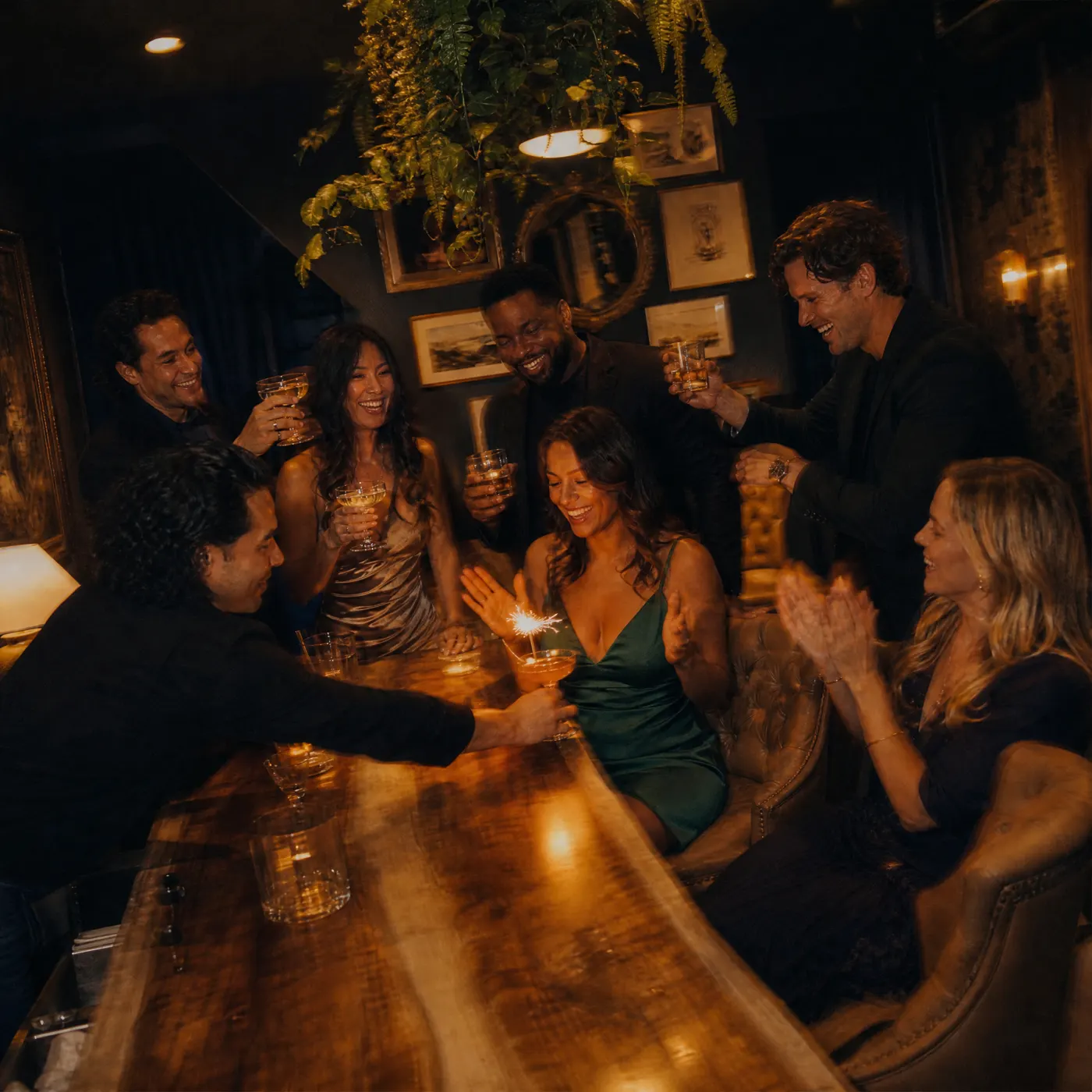 A birthday toast at the long bar