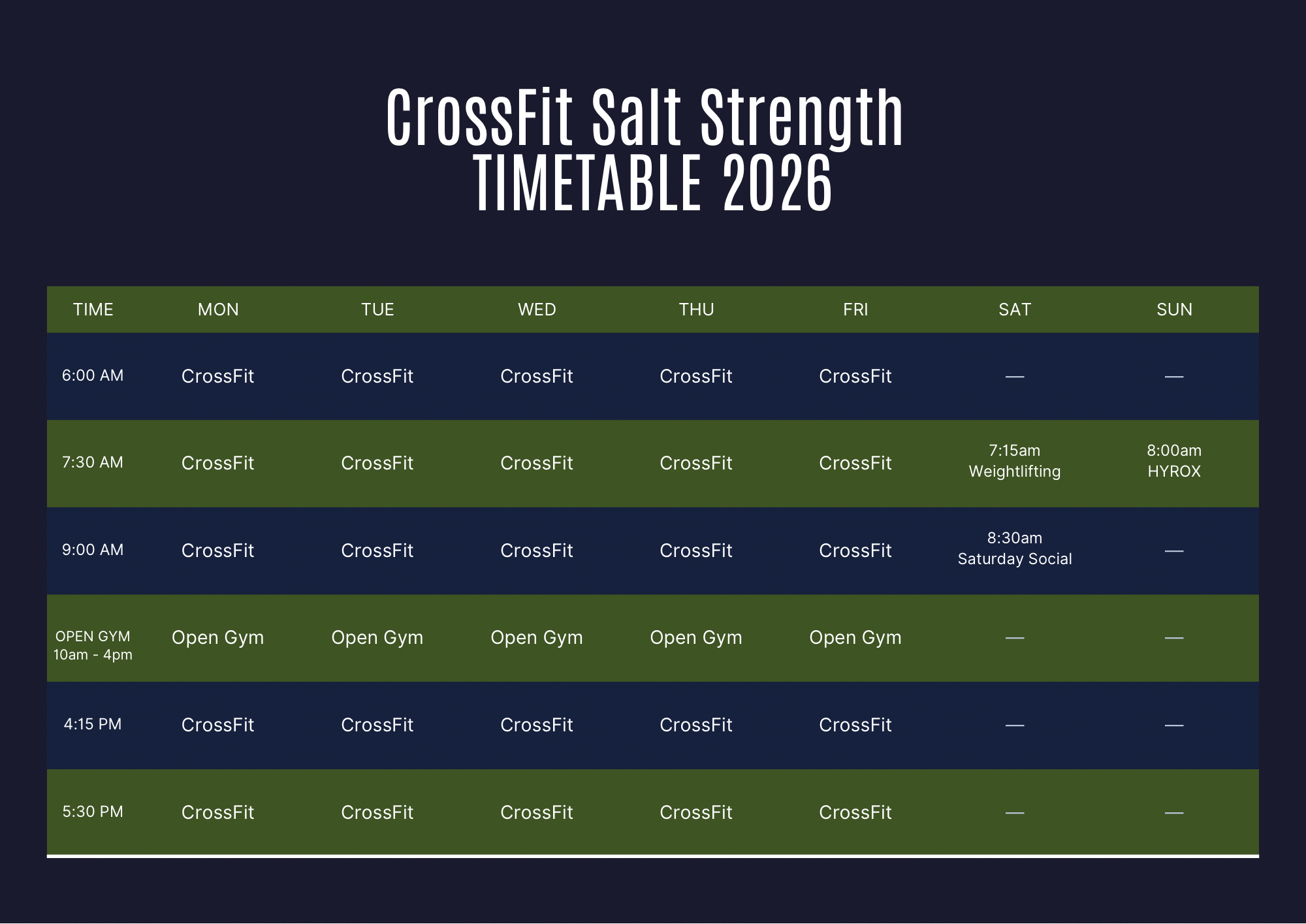 Salt Strength weekly timetable