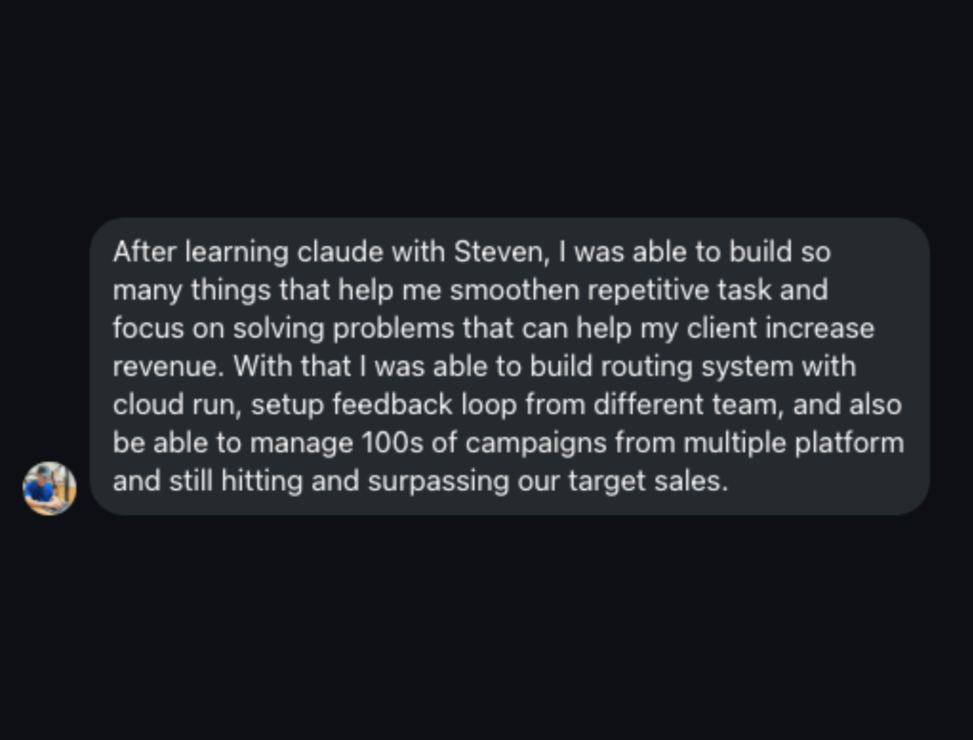 Testimonial on managing hundreds of campaigns and hitting sales targets