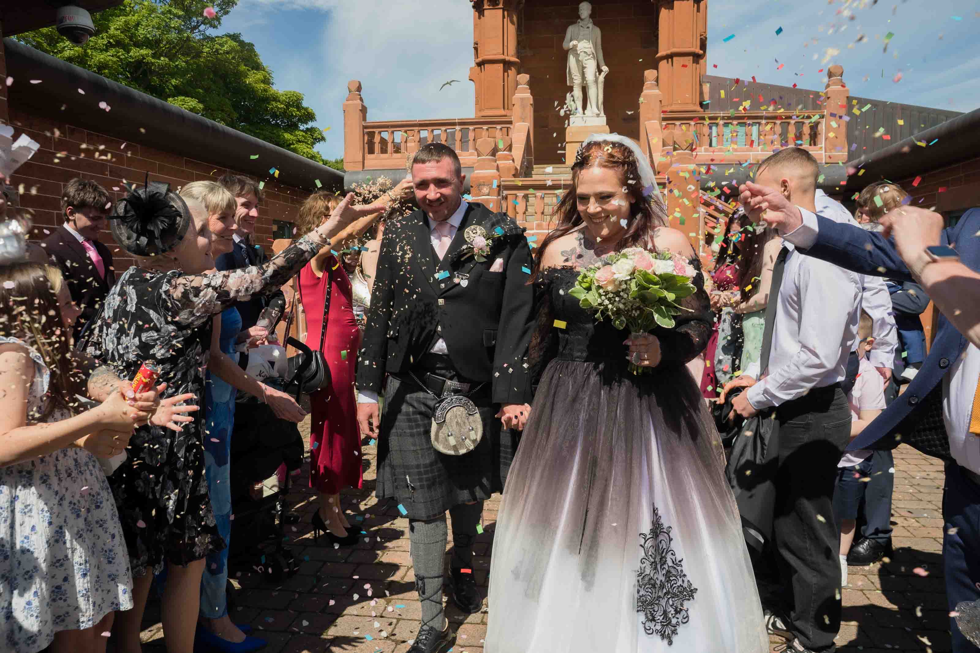 Confetti shot following wedding ceremony at The Burns Monument in Ayrshire