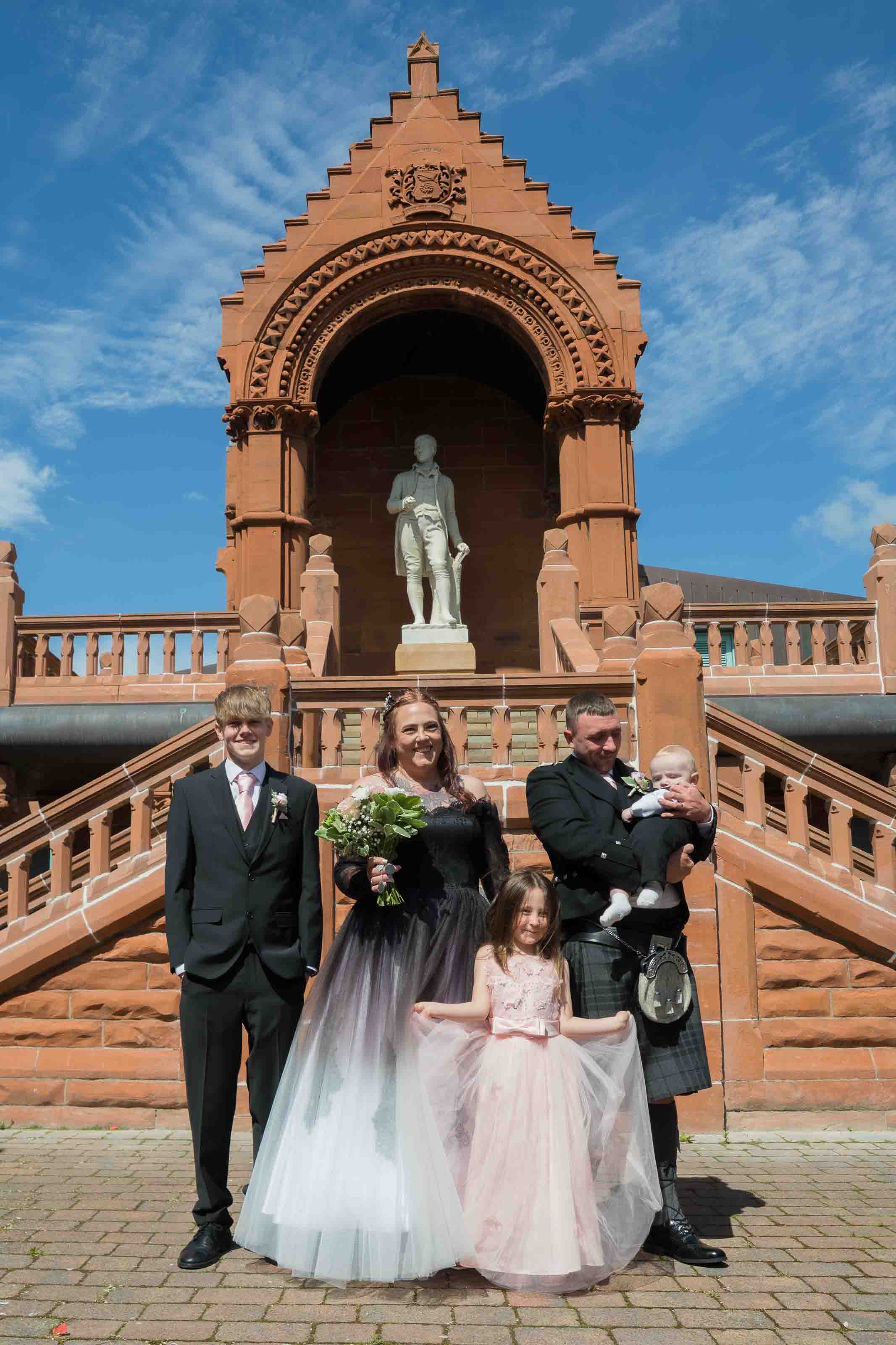 Wedding portraits at The Burns Monument in Ayrshire, family portrait with couple and their three children