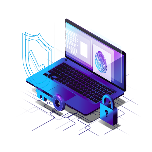 Ilustración de un portátil protegido con elementos de seguridad