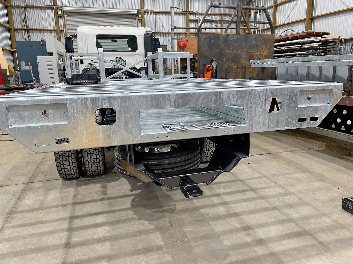 Truck flatbed inside a workshop