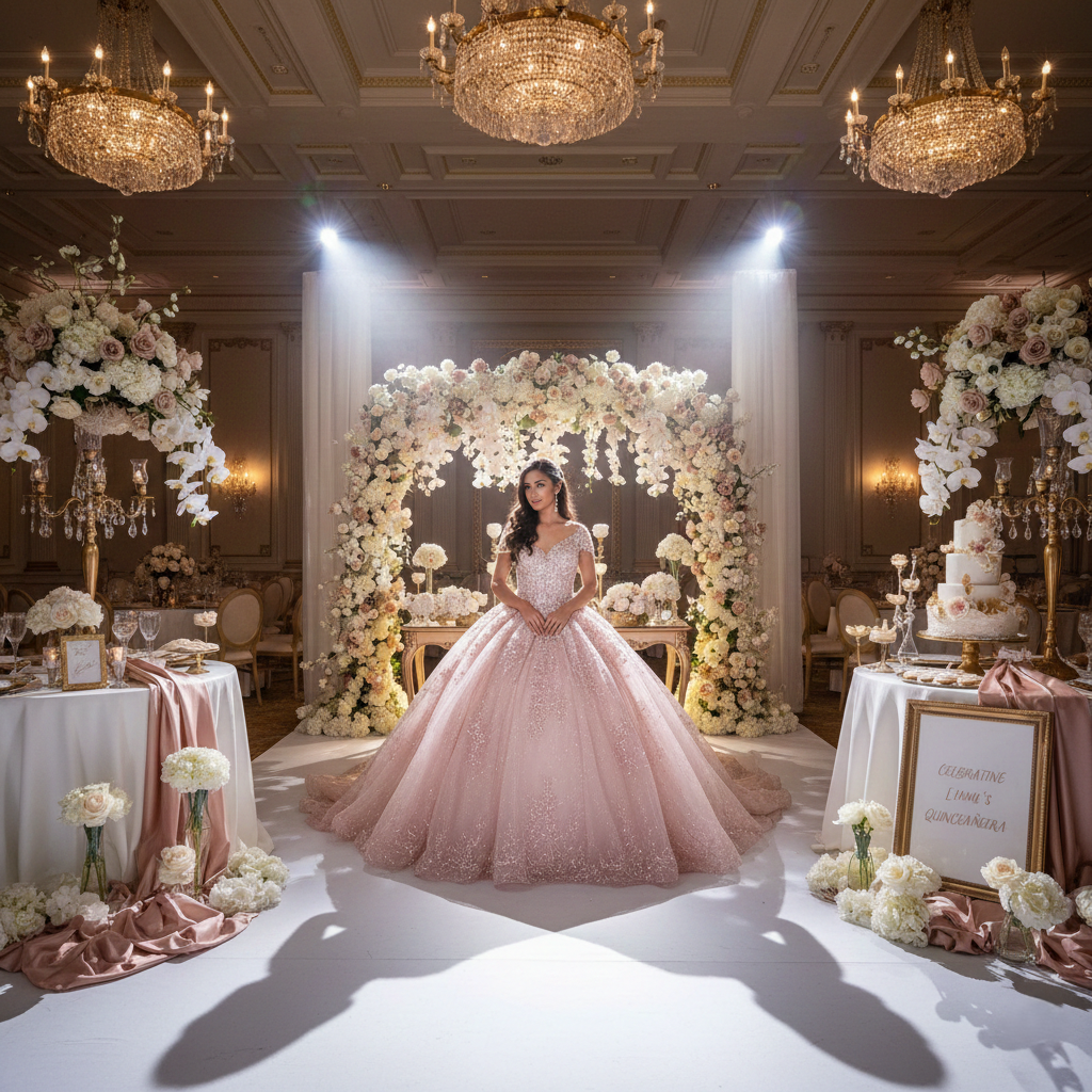Quinceañera luxury backdrop and court table styling in Texas
