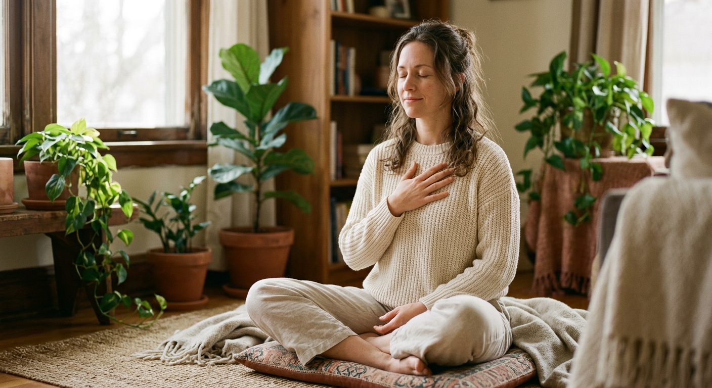 woman meditating with hand on chest woman meditating with hand on chest