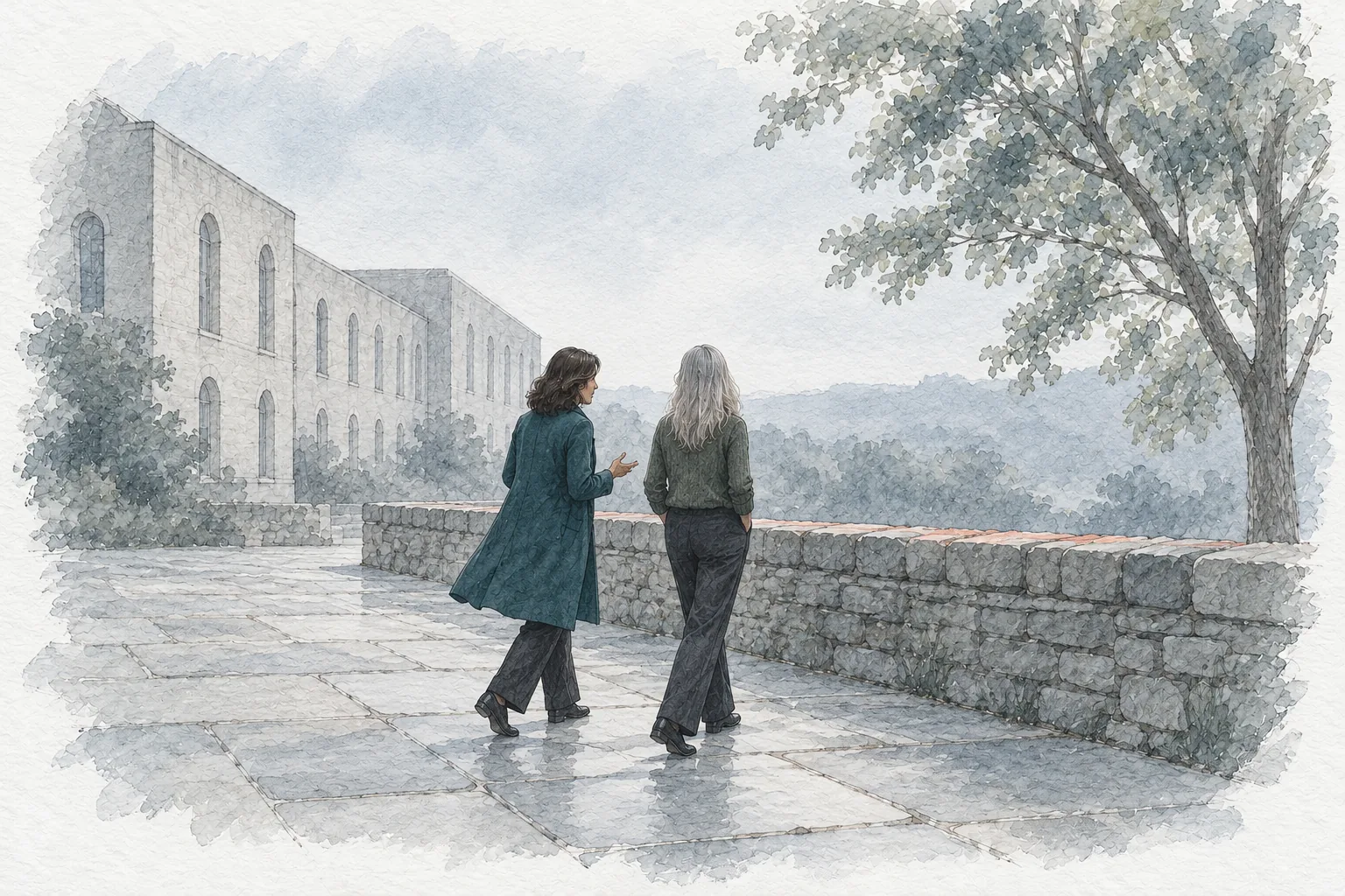 An illustration of two women walking and talking along a pale limestone path beside a stone hall with tall arched windows and a large maple: one gestures as she speaks, the other, with long silver hair, listens with her hands in her pockets.