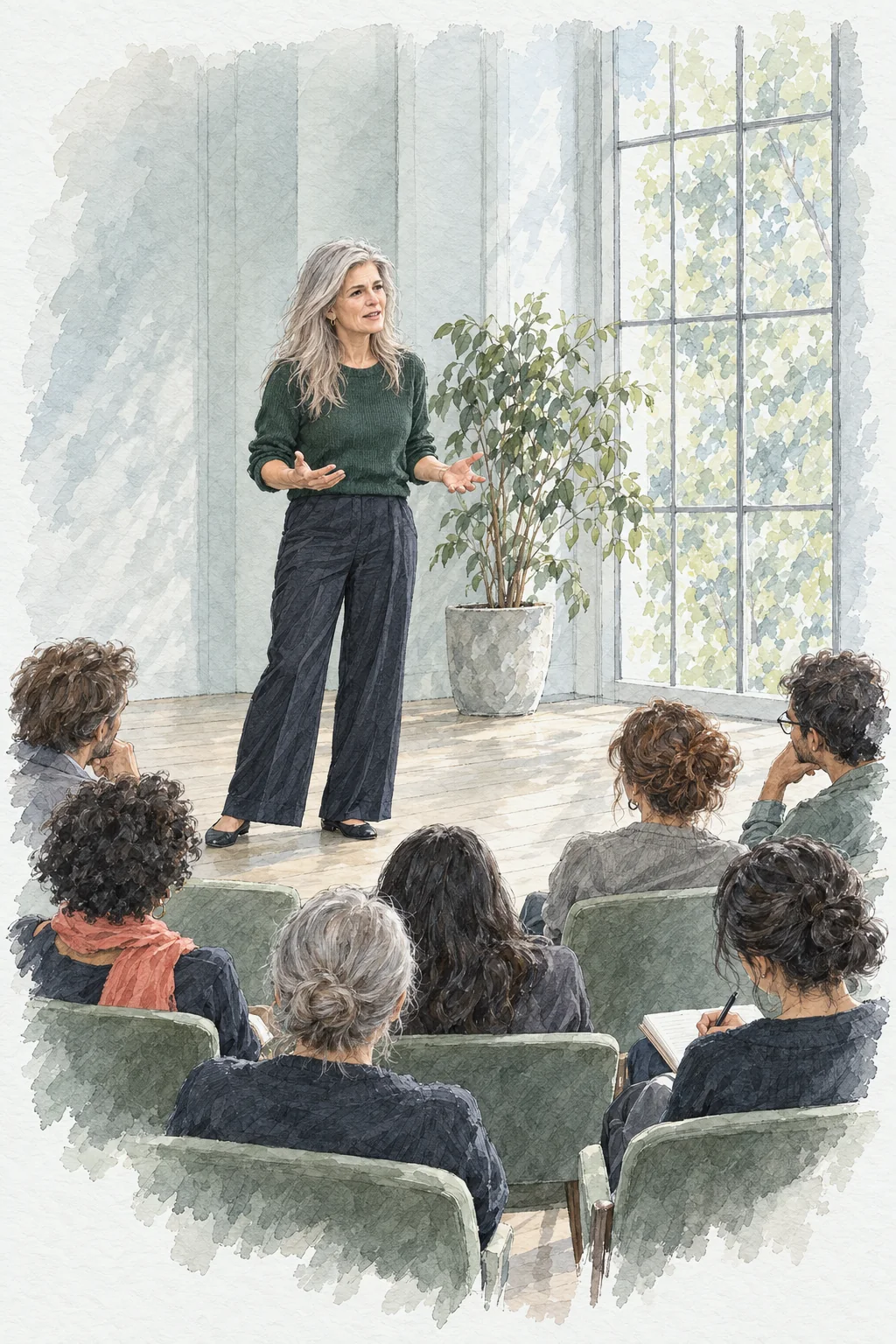 An illustration of a bright hall with a tall window and a potted tree: a woman with long silver hair, in a green knit and dark trousers, stands facing a seated audience with her hands open as she speaks, while people of different ages listen and one takes notes.