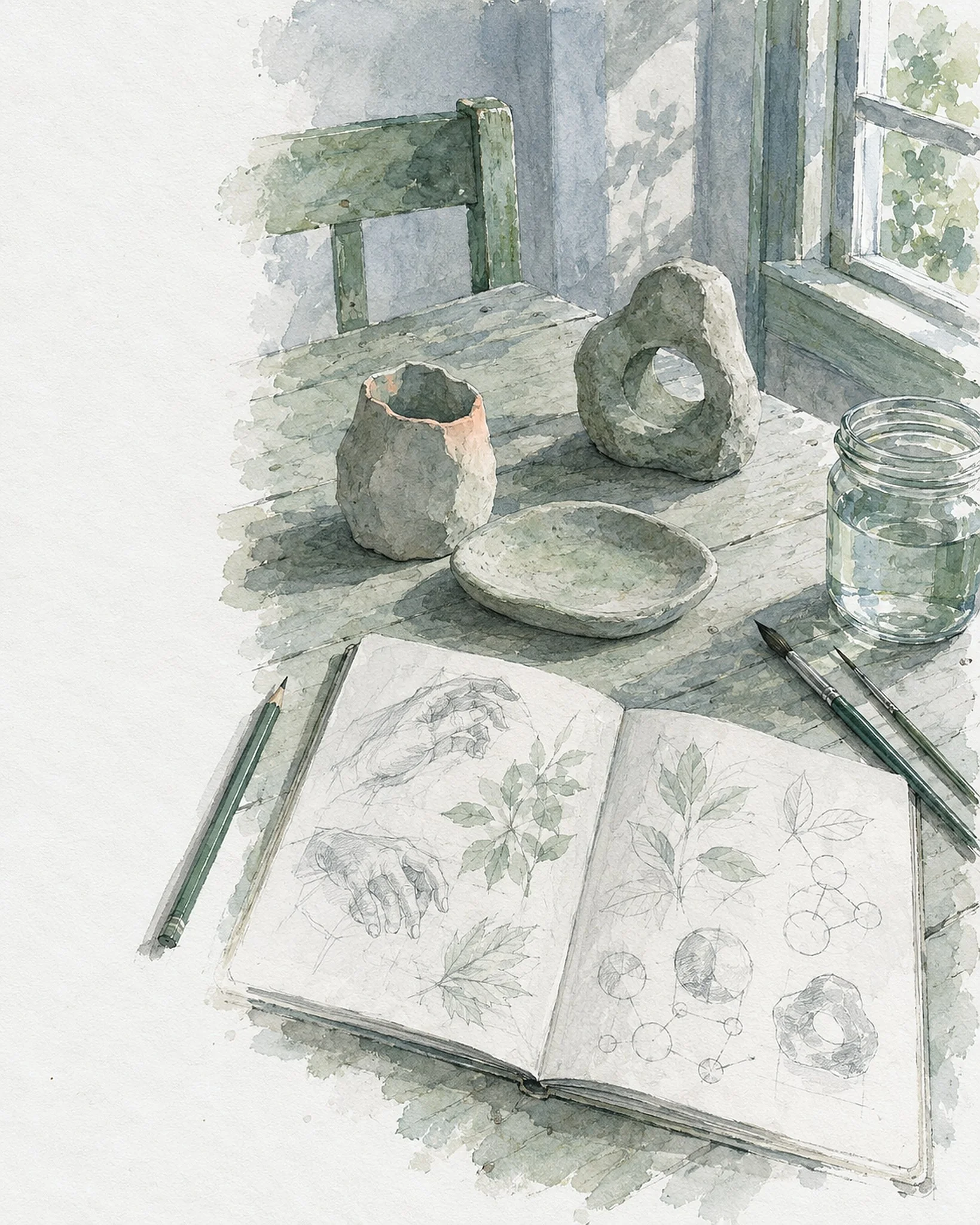 An illustration of a working table by a window: three hand-formed clay pieces of different shapes, an open notebook of pencil sketches and two brushes.