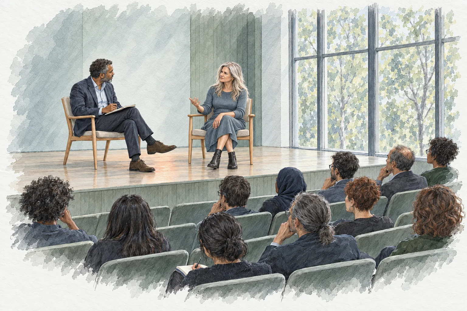 An illustration of a moderated conversation on a small stage in front of a tall window: a man in a navy jacket takes notes while a woman with long silver hair, in a slate dress, speaks with one hand raised, and an audience of different ages sits in rows facing them.