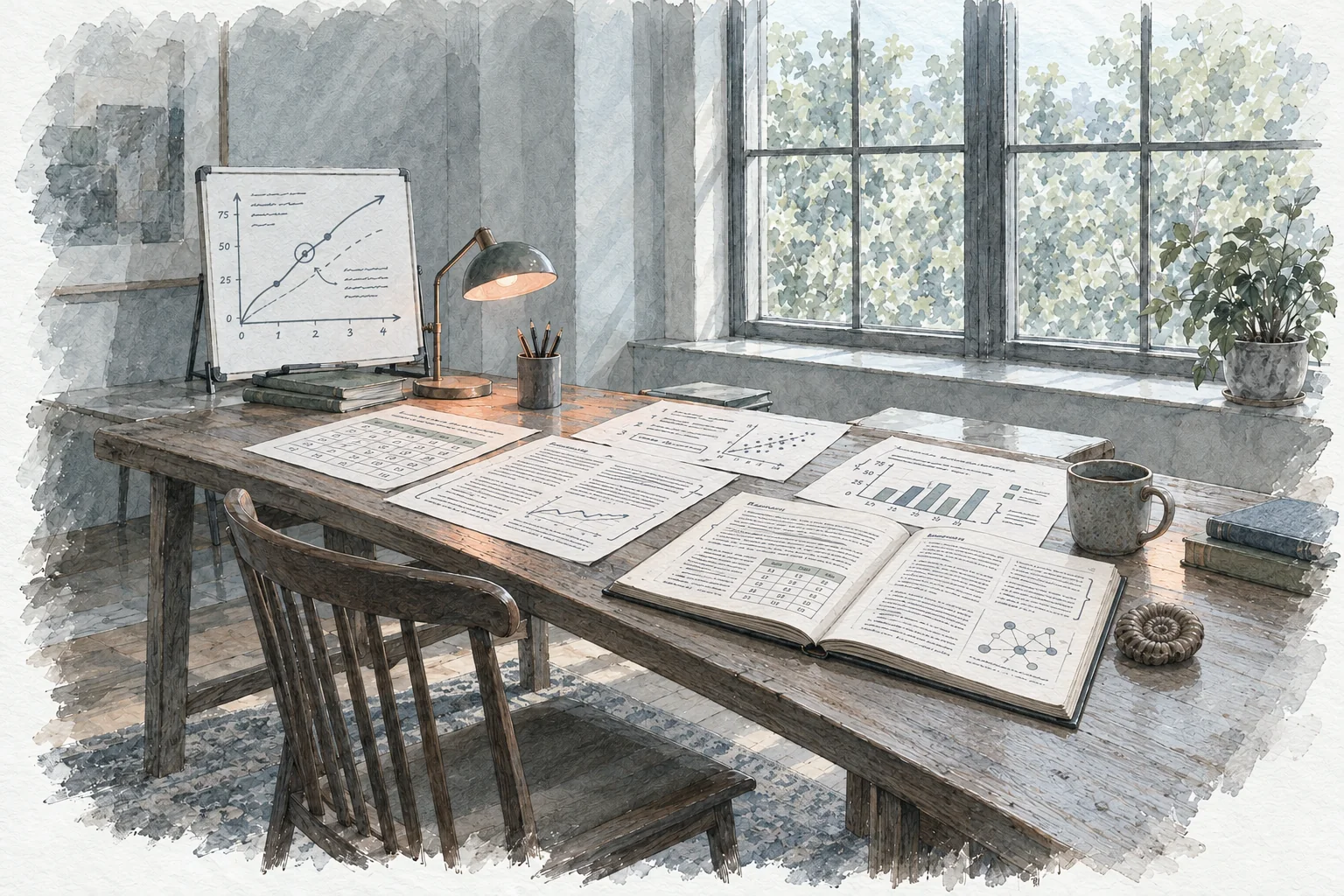 An illustration of a long wooden desk by a tall window: sheets of text with tables and charts, a small whiteboard with a graph, a lamp, an open book with a table and a diagram, a mug, an ammonite fossil and a wooden chair.