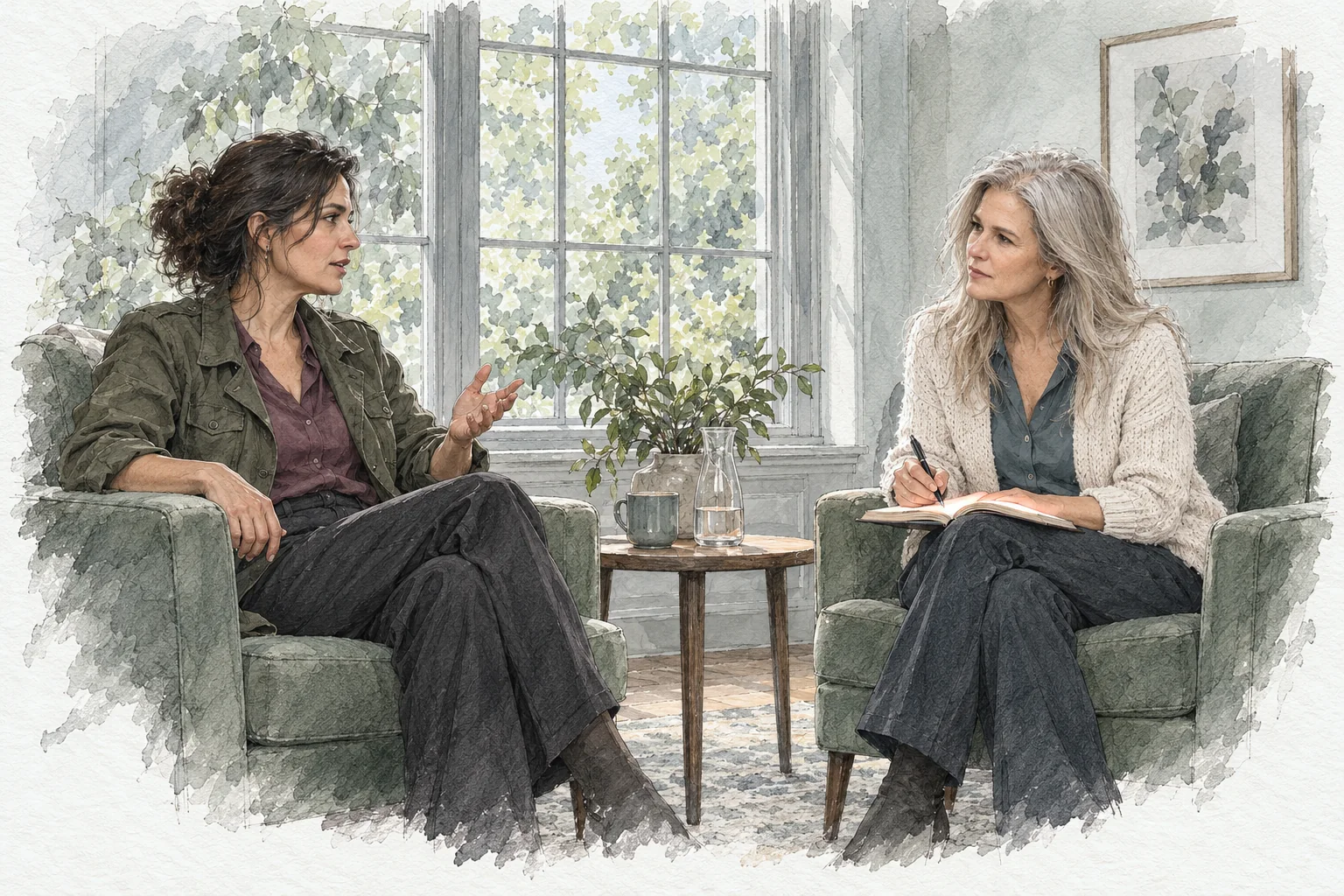 An illustration of two women talking in green armchairs in a bright room with a tall window: one with dark hair and an olive jacket speaks with an open hand, while the other, with long silver hair and a cream cardigan, listens and takes notes in a notebook.