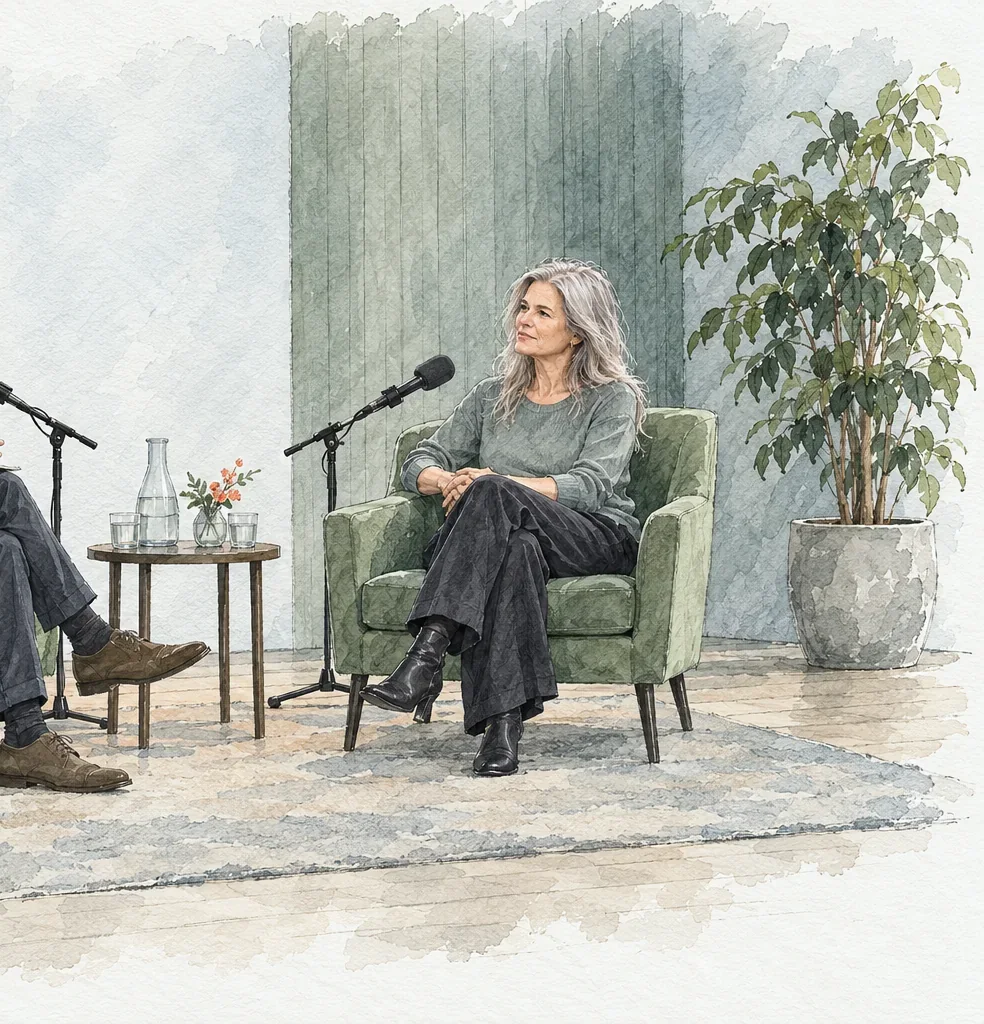 An illustration of a woman with long silver hair in conversation at a recorded interview, listening to the host.